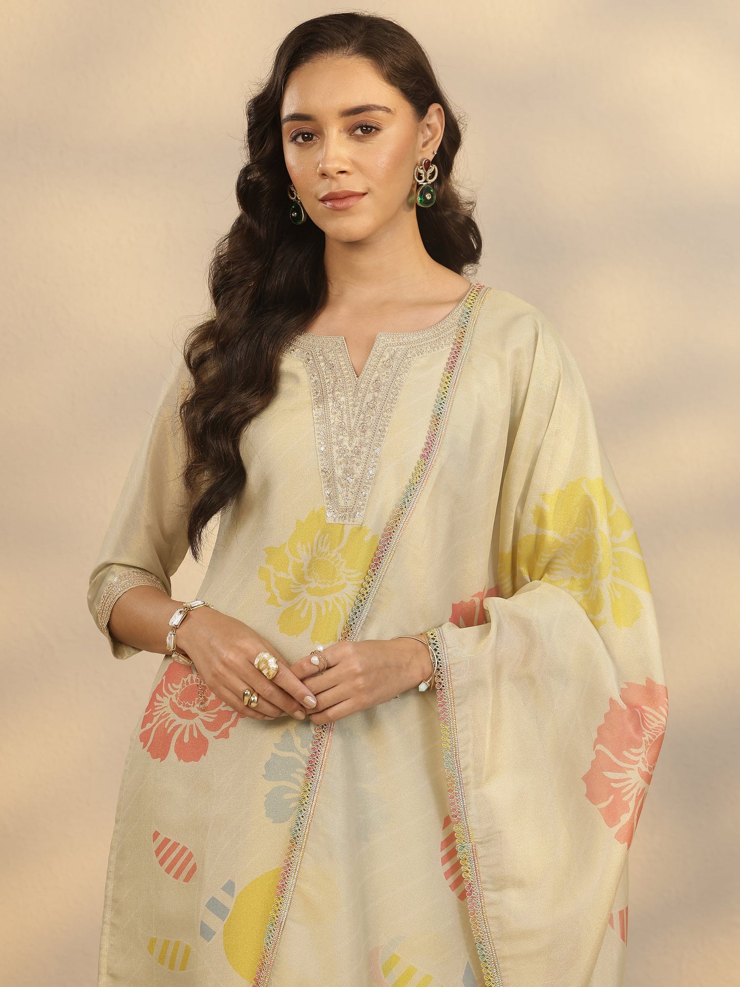 Gold Printed Silk Blend Straight Suit Set With Dupatta