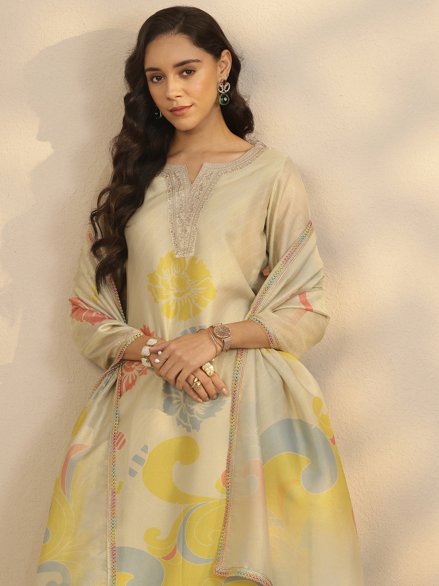 Gold Printed Silk Blend Straight Suit Set With Dupatta