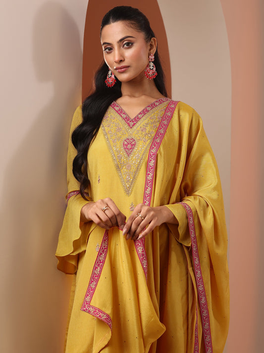 Yellow Embroidered Chinon Straight Suit Set With Dupatta