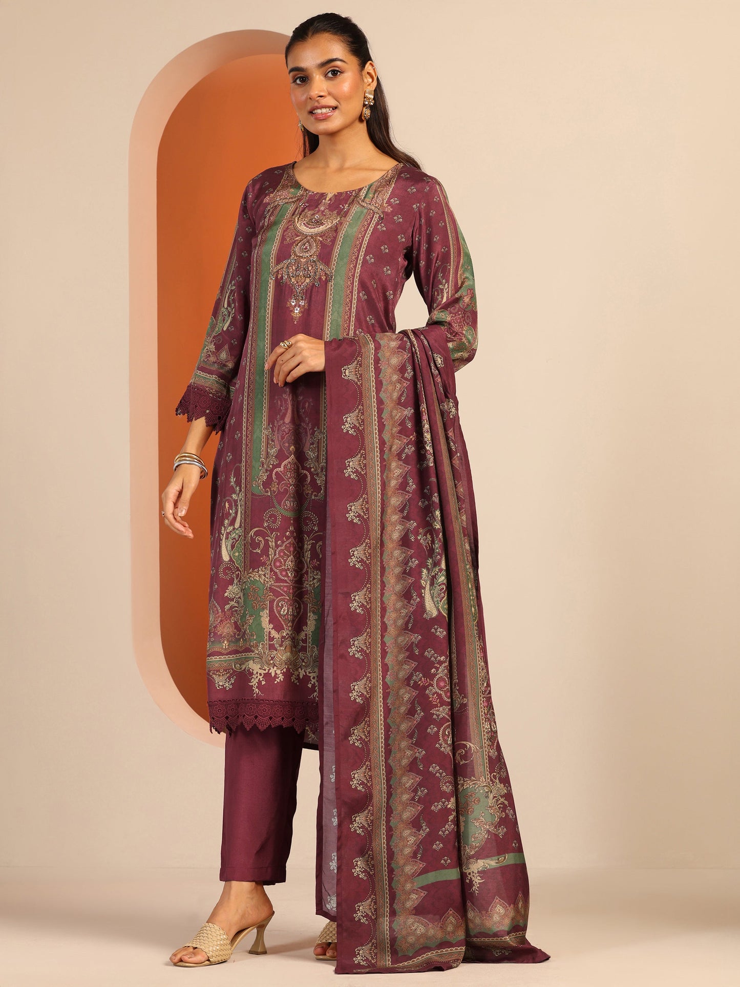 Maroon Printed Muslin Straight Suit Set With Dupatta