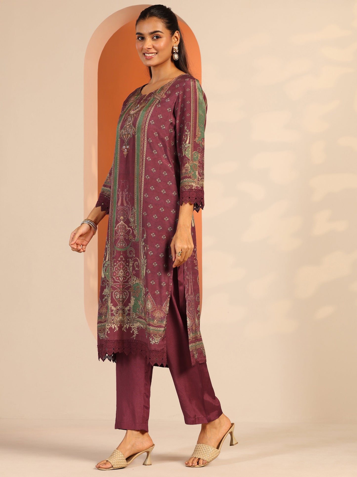 Maroon Printed Muslin Straight Suit Set With Dupatta