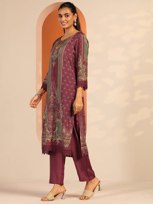 Maroon Printed Muslin Straight Suit Set With Dupatta