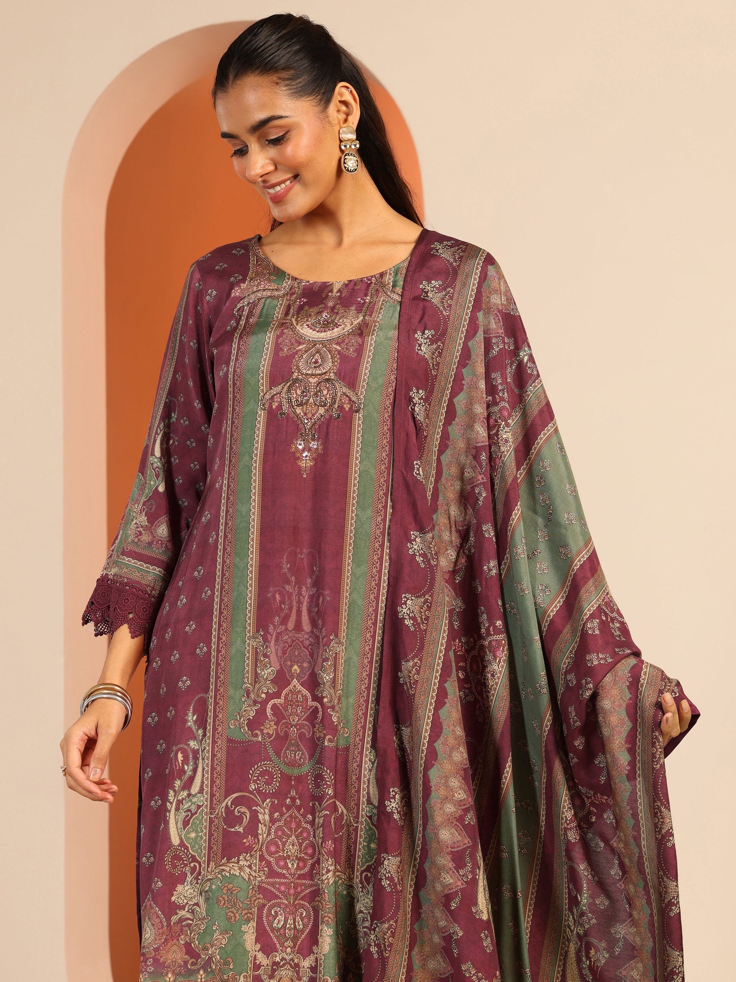 Maroon Printed Muslin Straight Suit Set With Dupatta