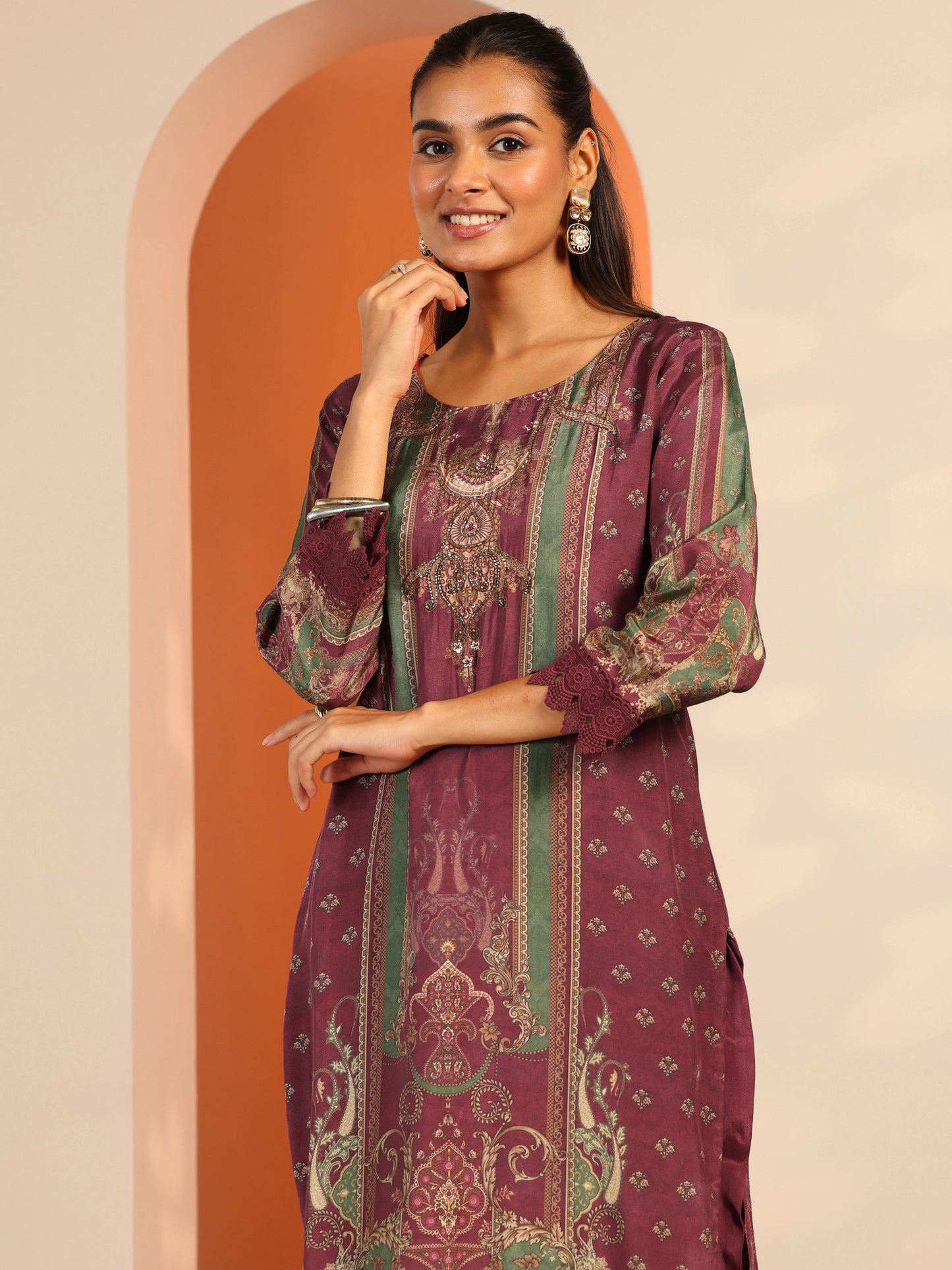 Maroon Printed Muslin Straight Suit Set With Dupatta