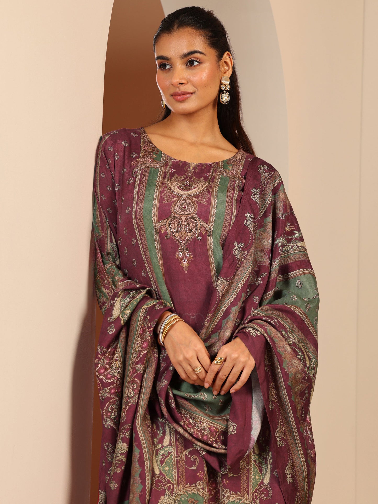 Maroon Printed Muslin Straight Suit Set With Dupatta