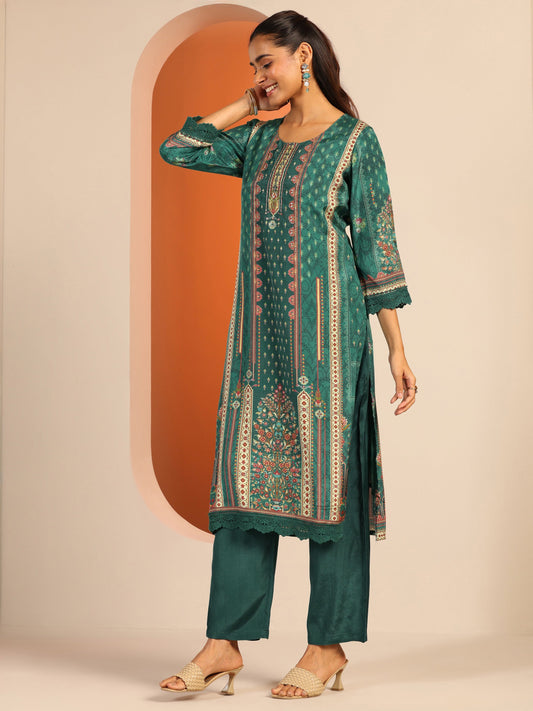 Green Printed Muslin Straight Suit Set With Dupatta
