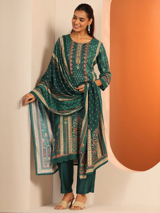Green Printed Muslin Straight Suit Set With Dupatta