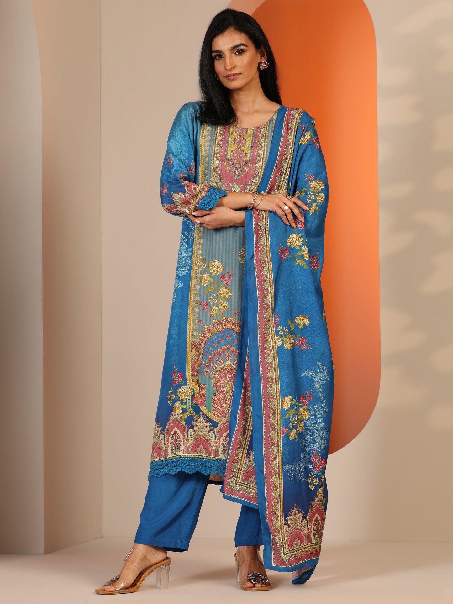 Blue Printed Muslin Straight Suit Set With Dupatta
