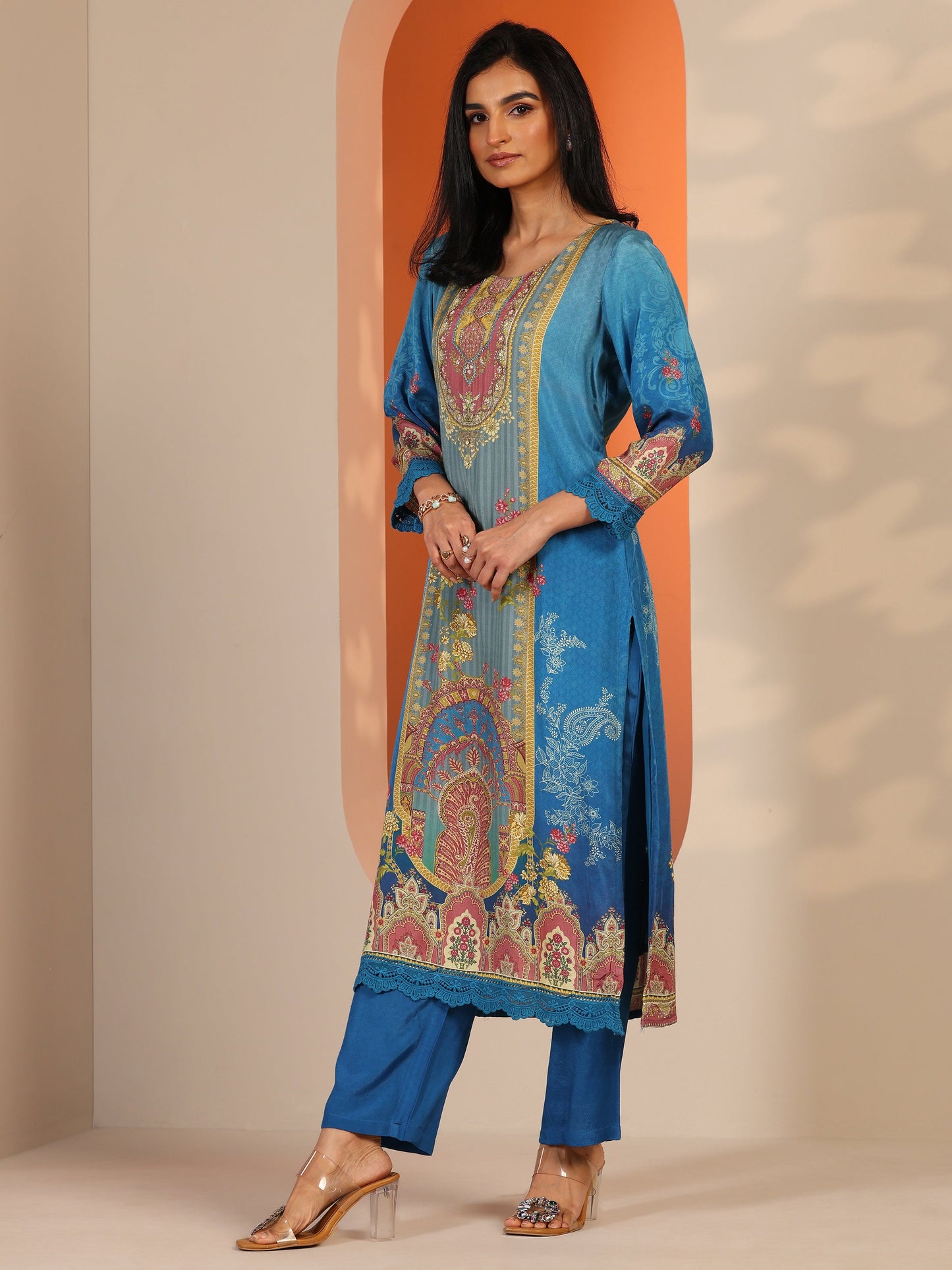 Blue Printed Muslin Straight Suit Set With Dupatta