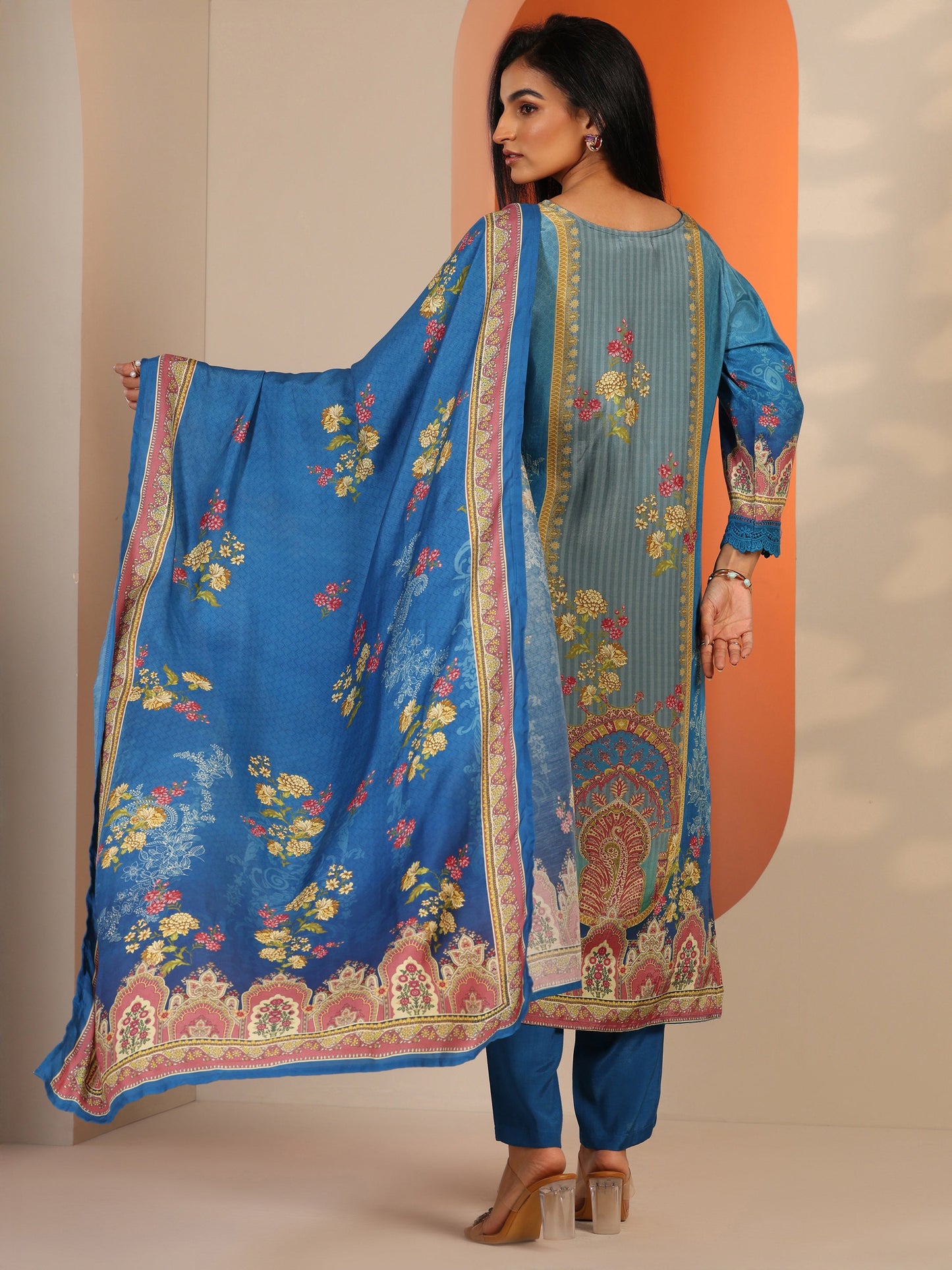 Blue Printed Muslin Straight Suit Set With Dupatta