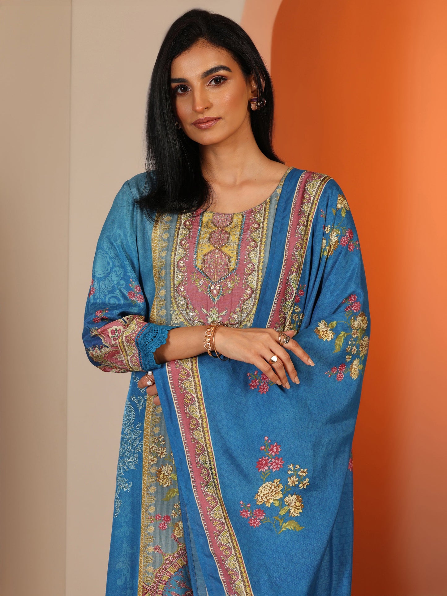 Blue Printed Muslin Straight Suit Set With Dupatta