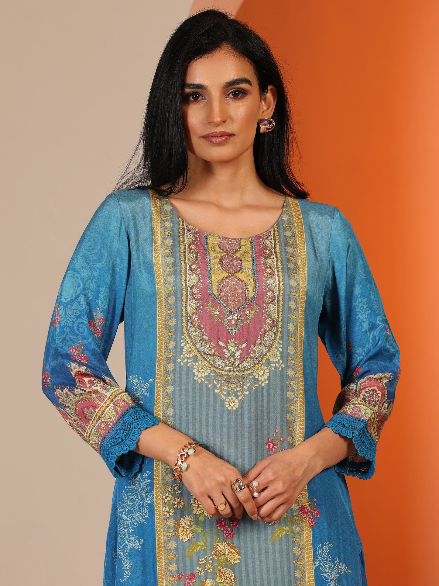 Blue Printed Muslin Straight Suit Set With Dupatta