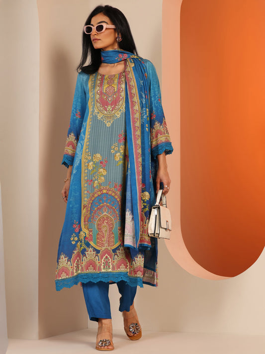 Blue Printed Muslin Straight Suit Set With Dupatta
