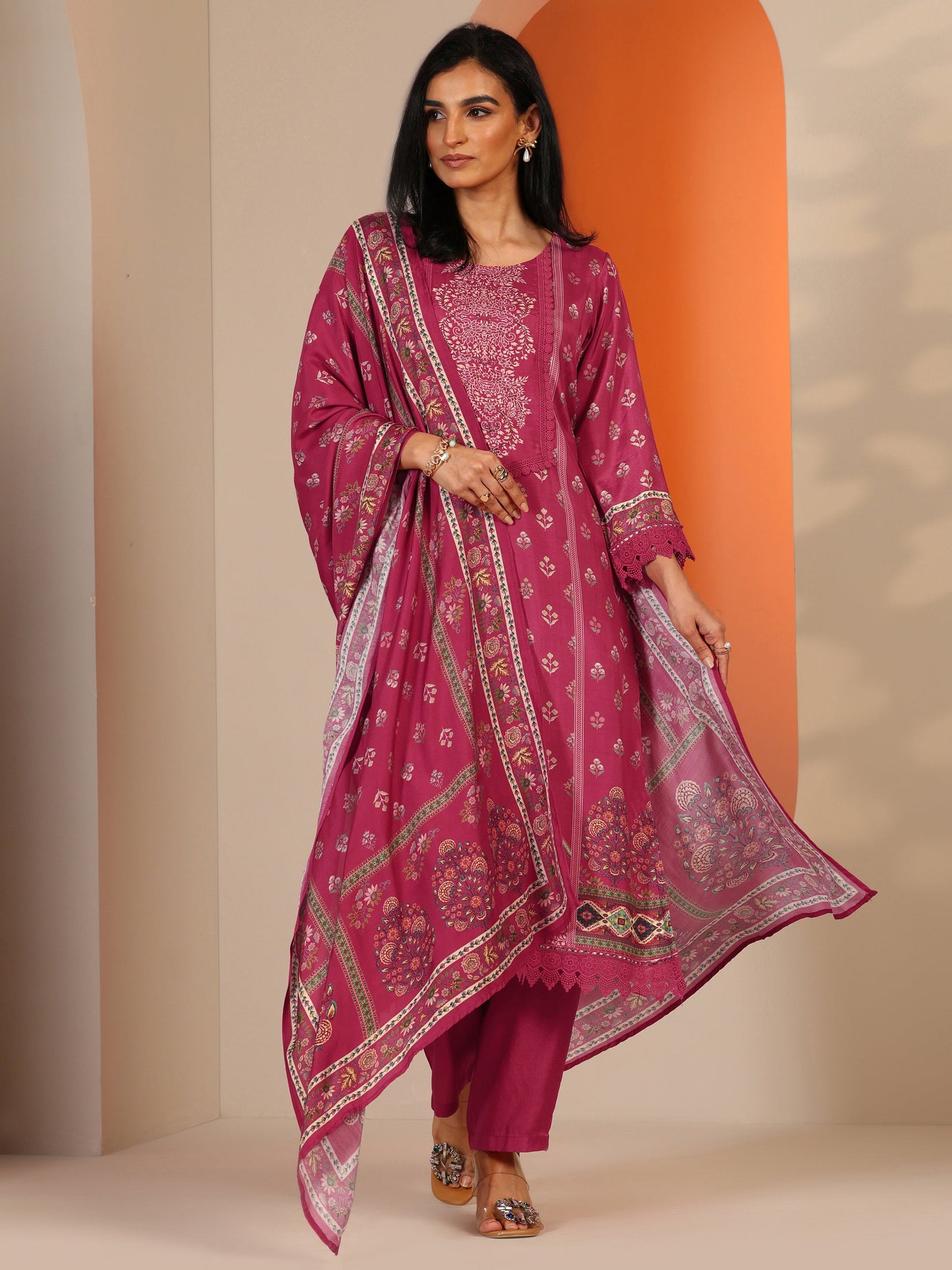 Coral Printed Muslin Straight Suit Set With Dupatta