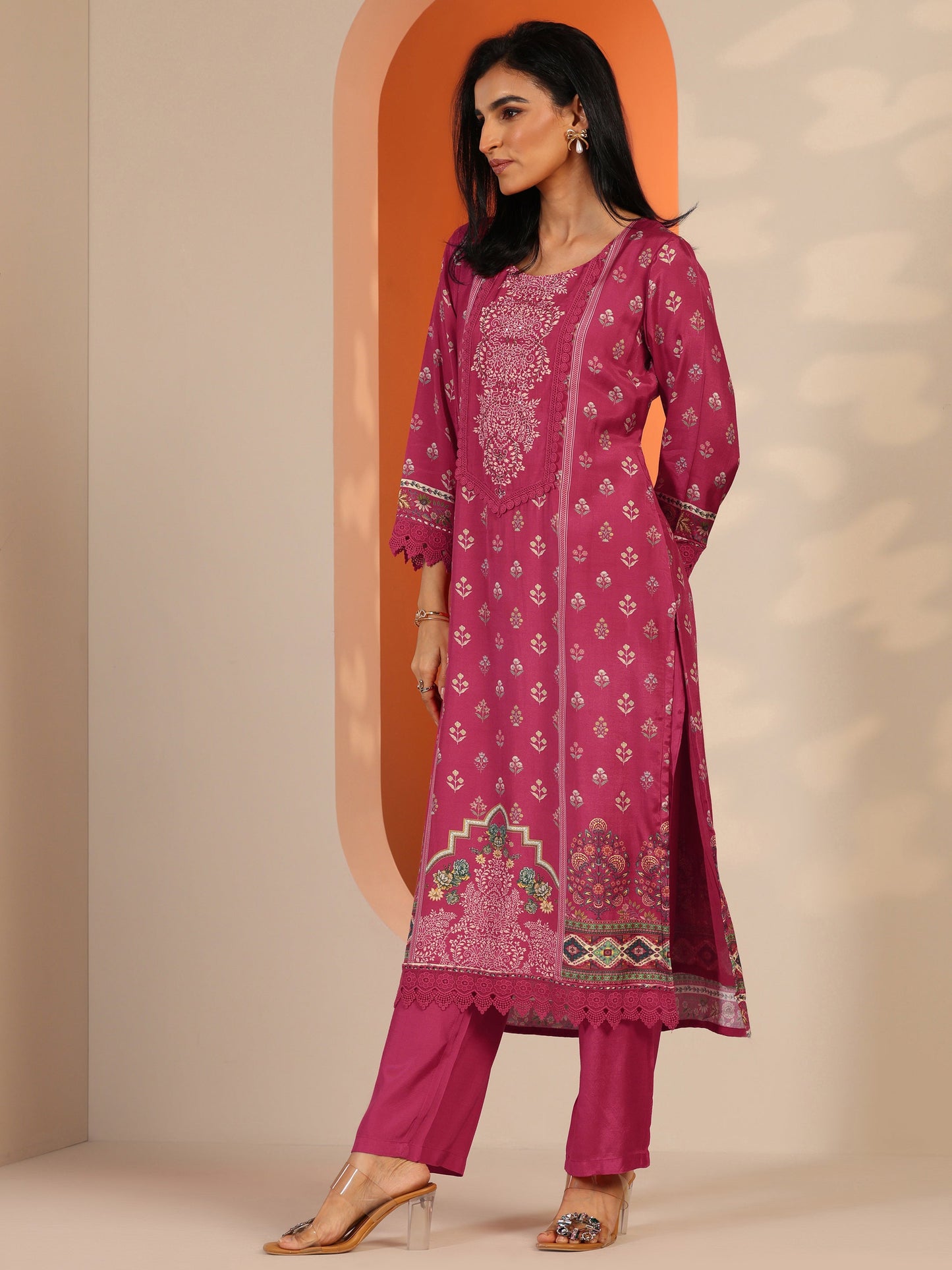 Coral Printed Muslin Straight Suit Set With Dupatta