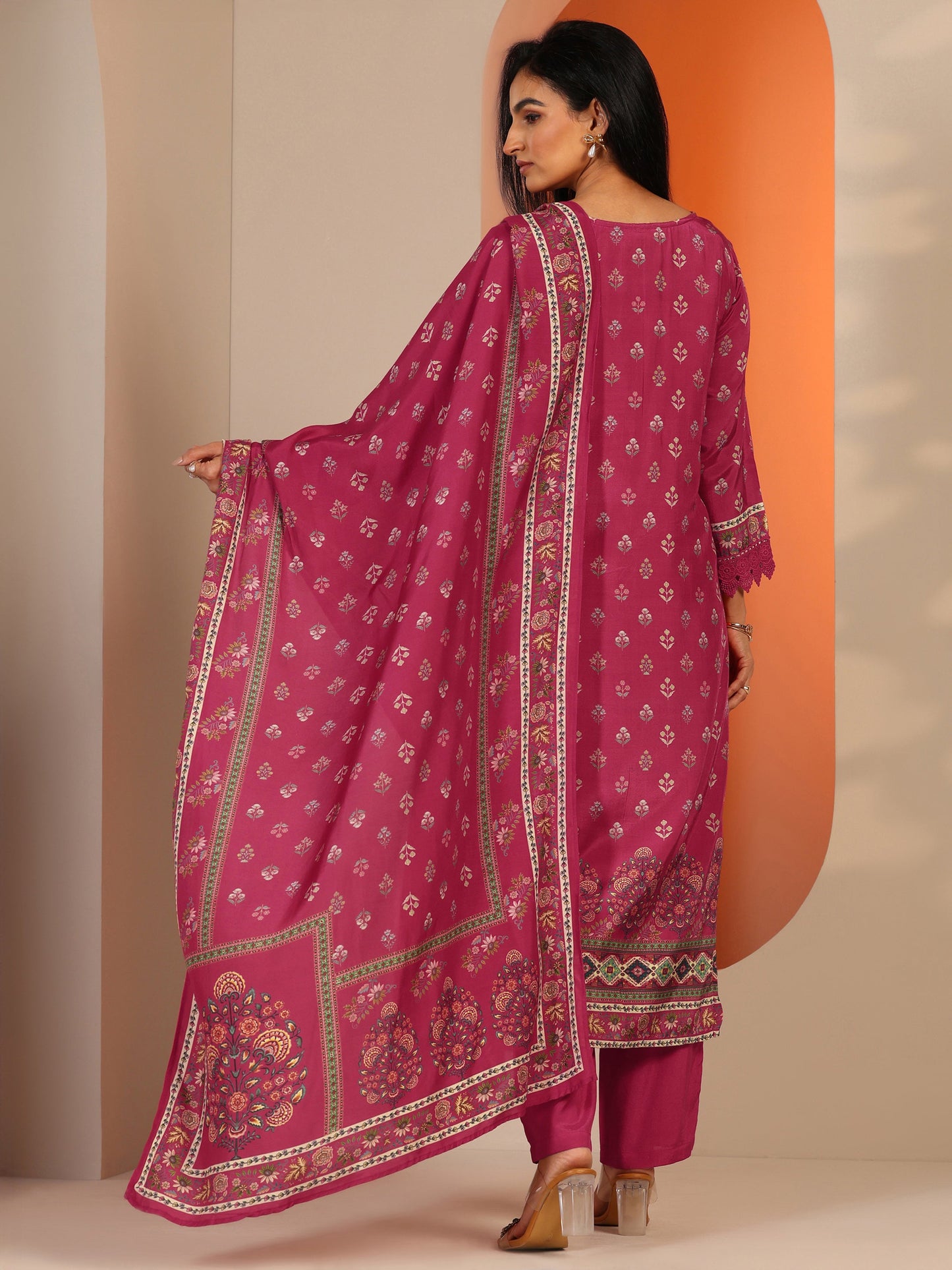 Coral Printed Muslin Straight Suit Set With Dupatta
