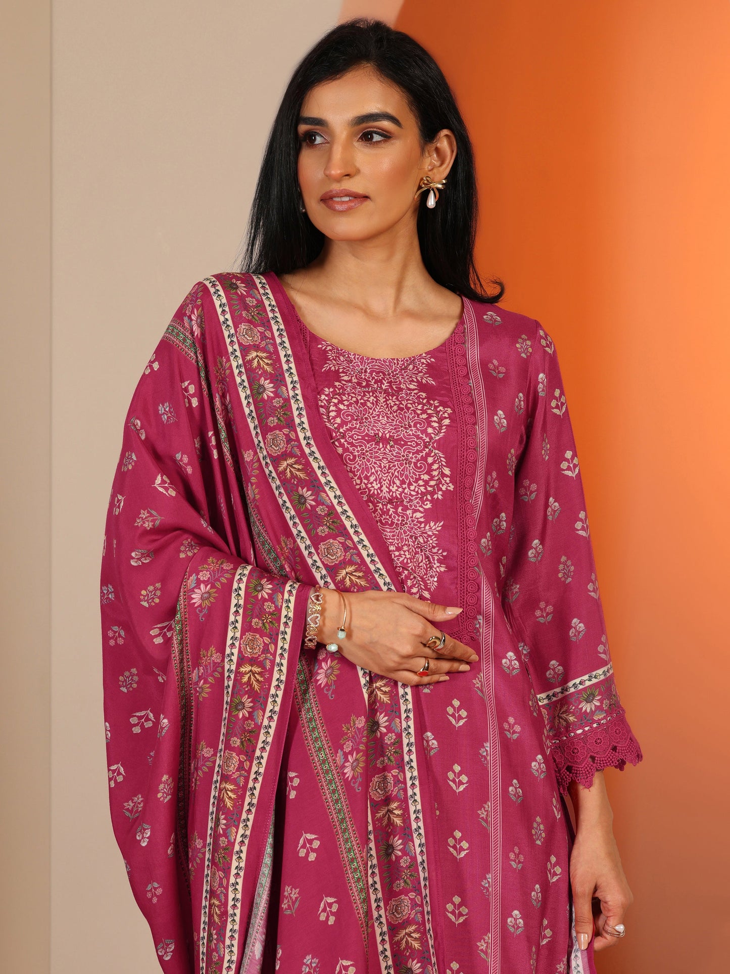 Coral Printed Muslin Straight Suit Set With Dupatta