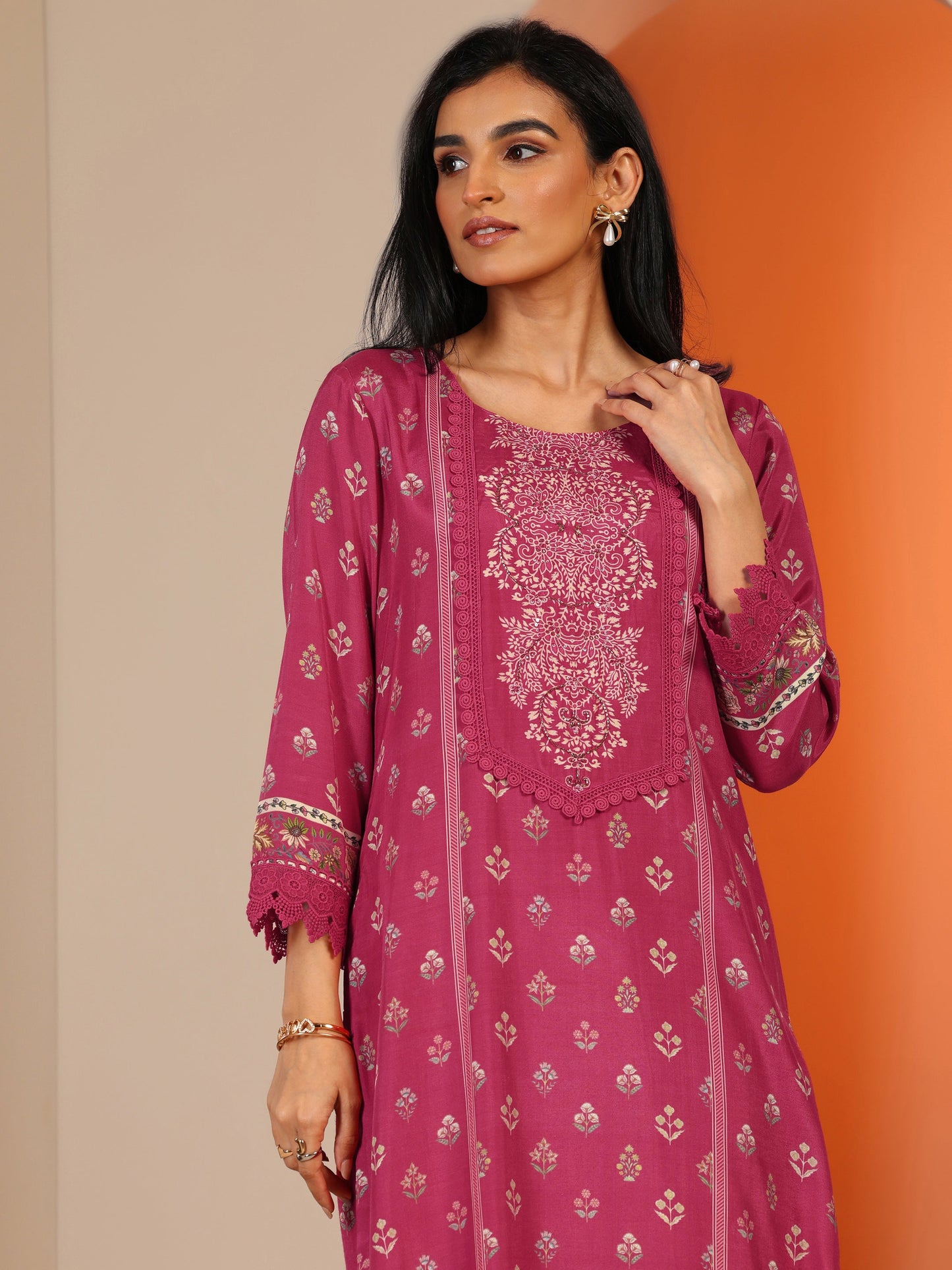 Coral Printed Muslin Straight Suit Set With Dupatta