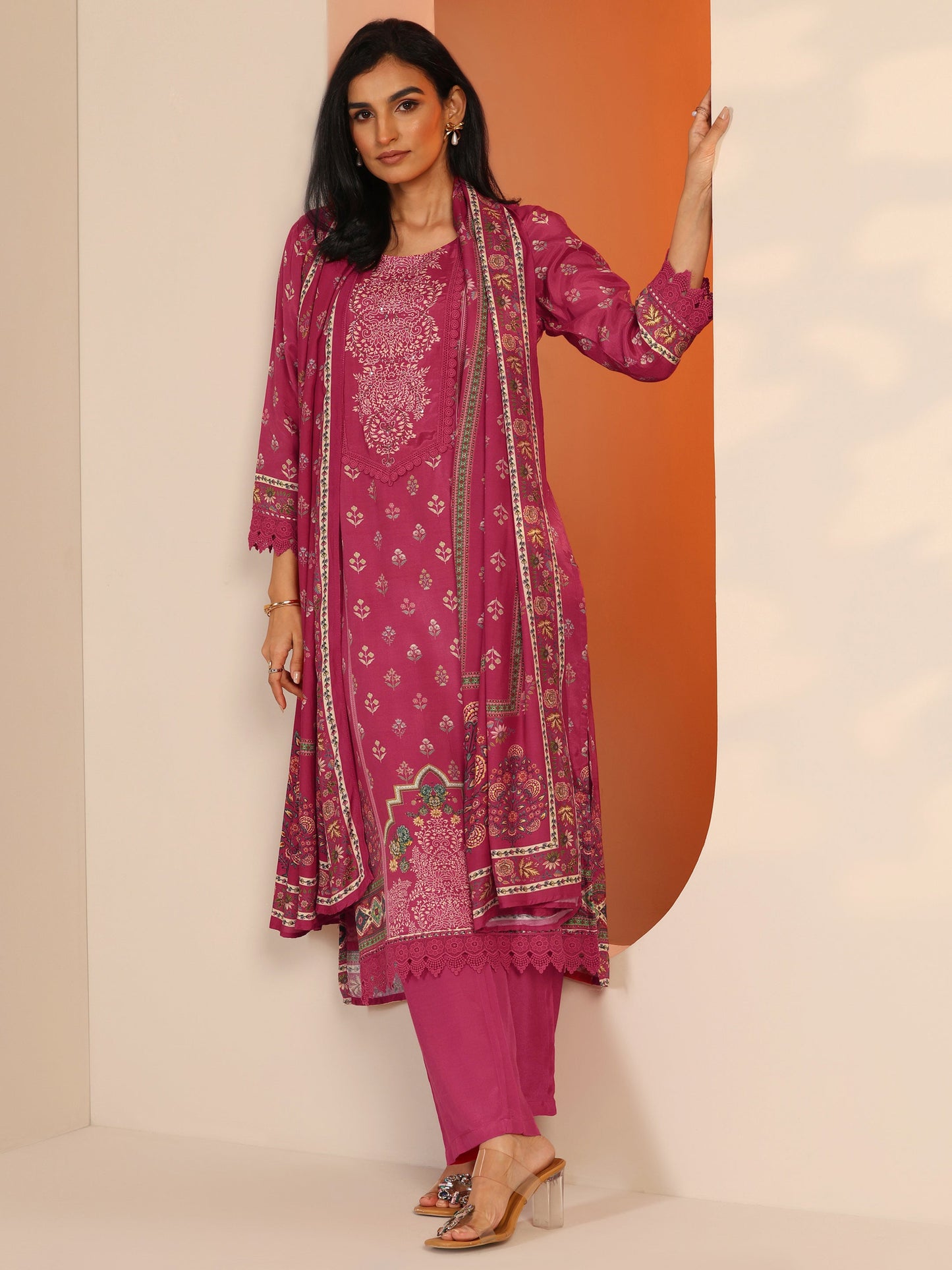 Coral Printed Muslin Straight Suit Set With Dupatta
