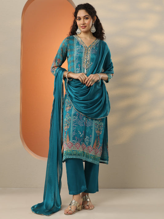 Blue Printed Chinon  Straight Suit Set With Dupatta