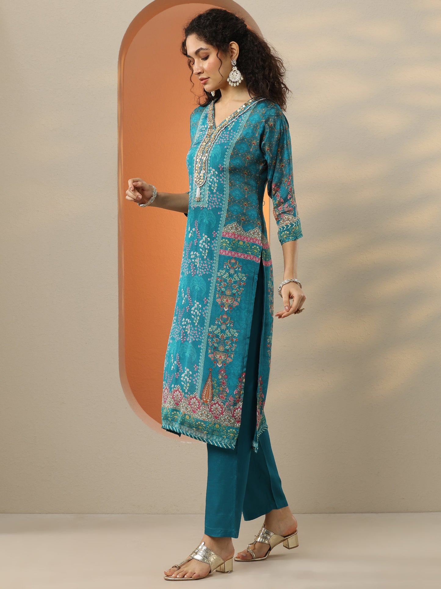 Blue Printed Chinon  Straight Suit Set With Dupatta