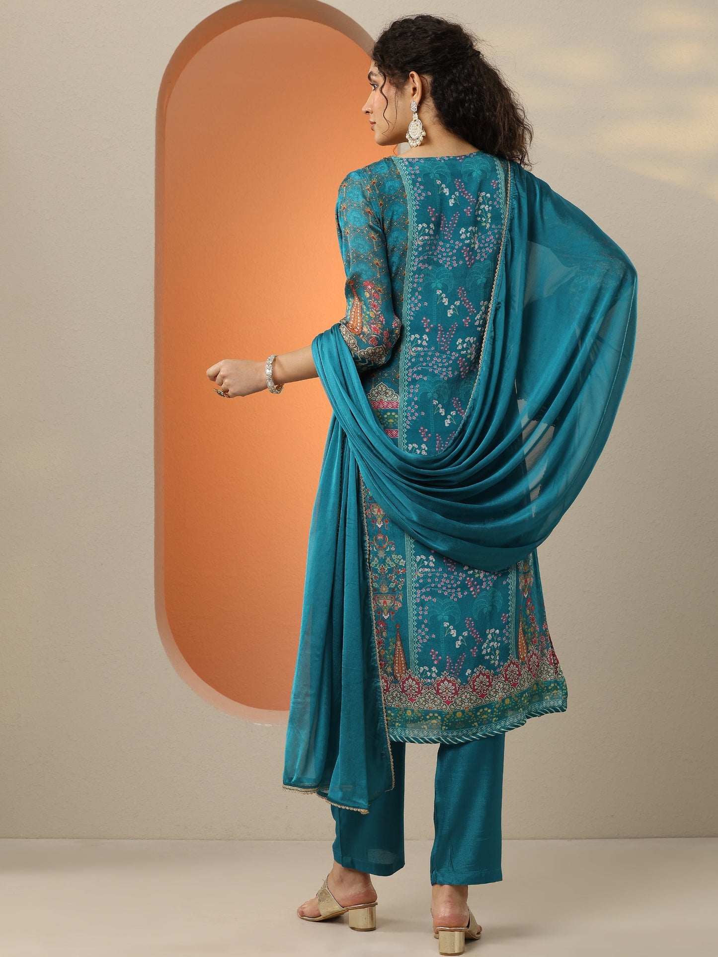 Blue Printed Chinon  Straight Suit Set With Dupatta