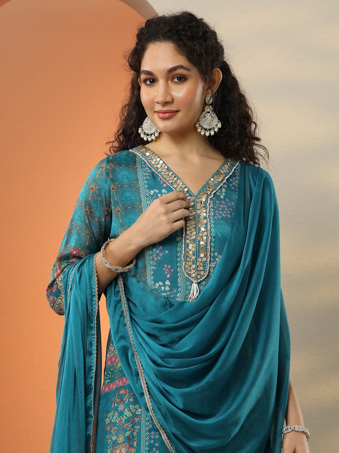 Blue Printed Chinon  Straight Suit Set With Dupatta