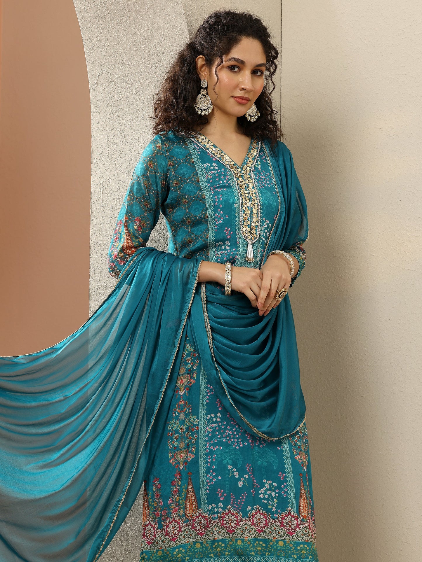 Blue Printed Chinon  Straight Suit Set With Dupatta