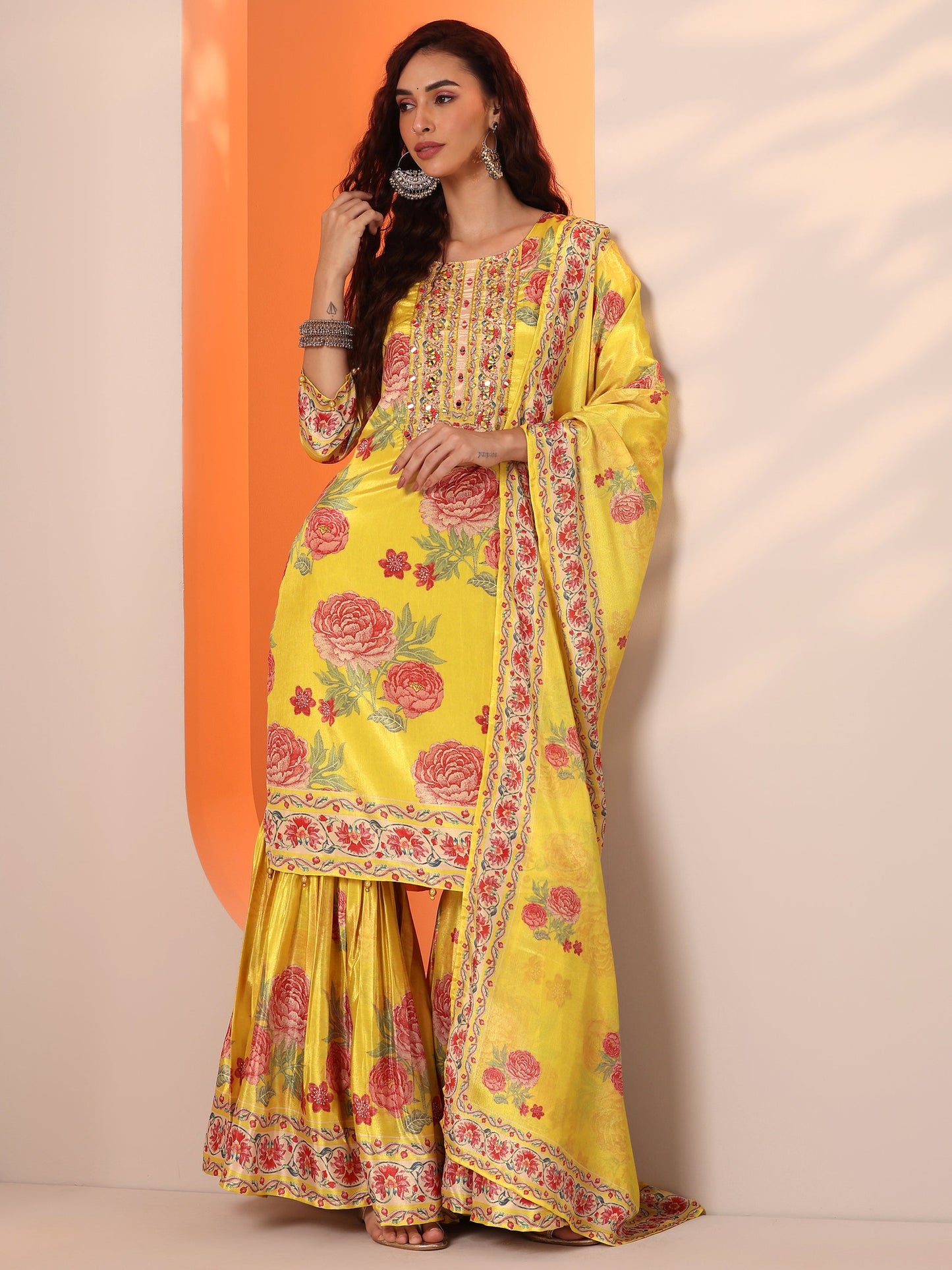 Libas Art Yellow Printed Chinon Straight Suit Set With Dupatta