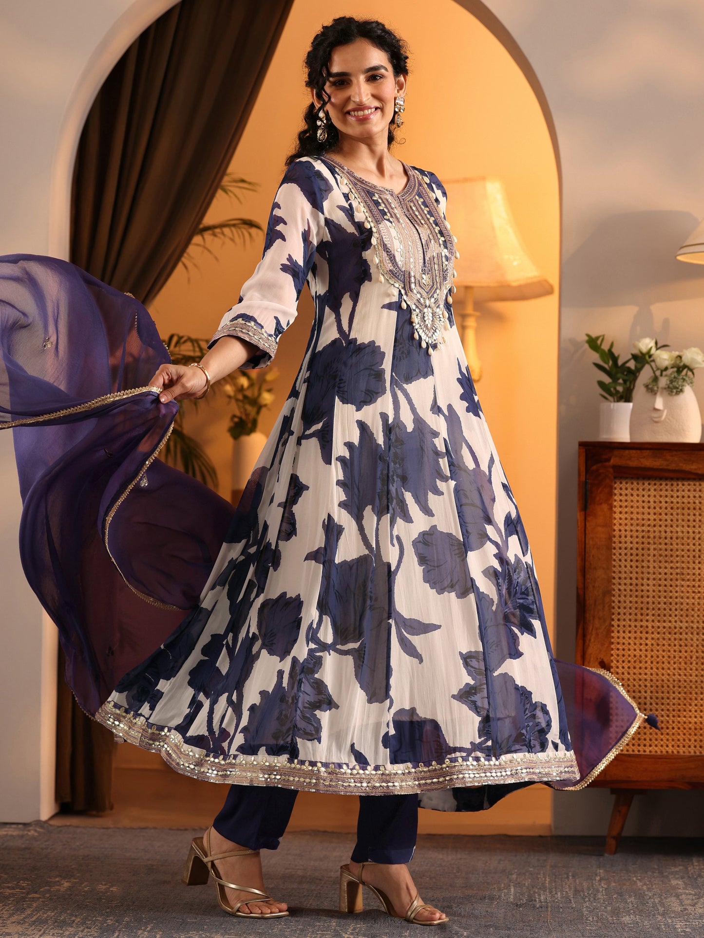 Libas Art Off White Printed Georgette Anarkali Suit Set With Dupatta