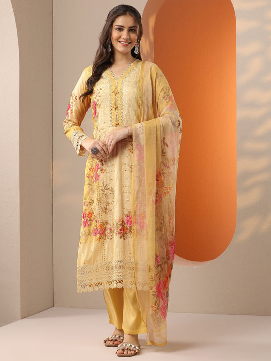 Libas Art Yellow Embroidered Muslin Straight Suit Set With Dupatta