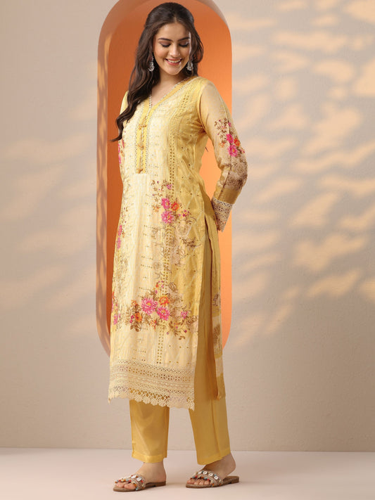 Libas Art Yellow Embroidered Muslin Straight Suit Set With Dupatta