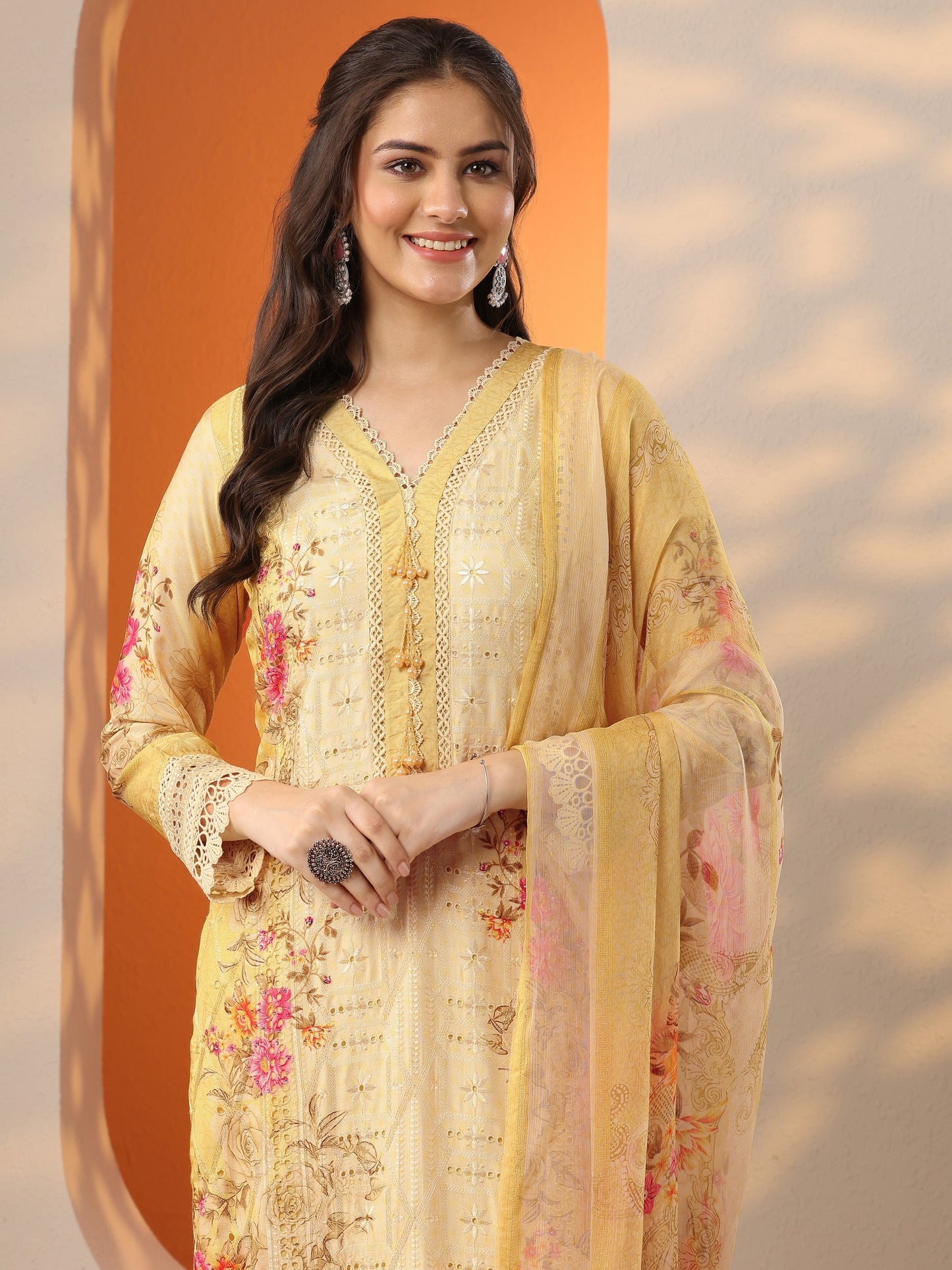 Libas Art Yellow Embroidered Muslin Straight Suit Set With Dupatta