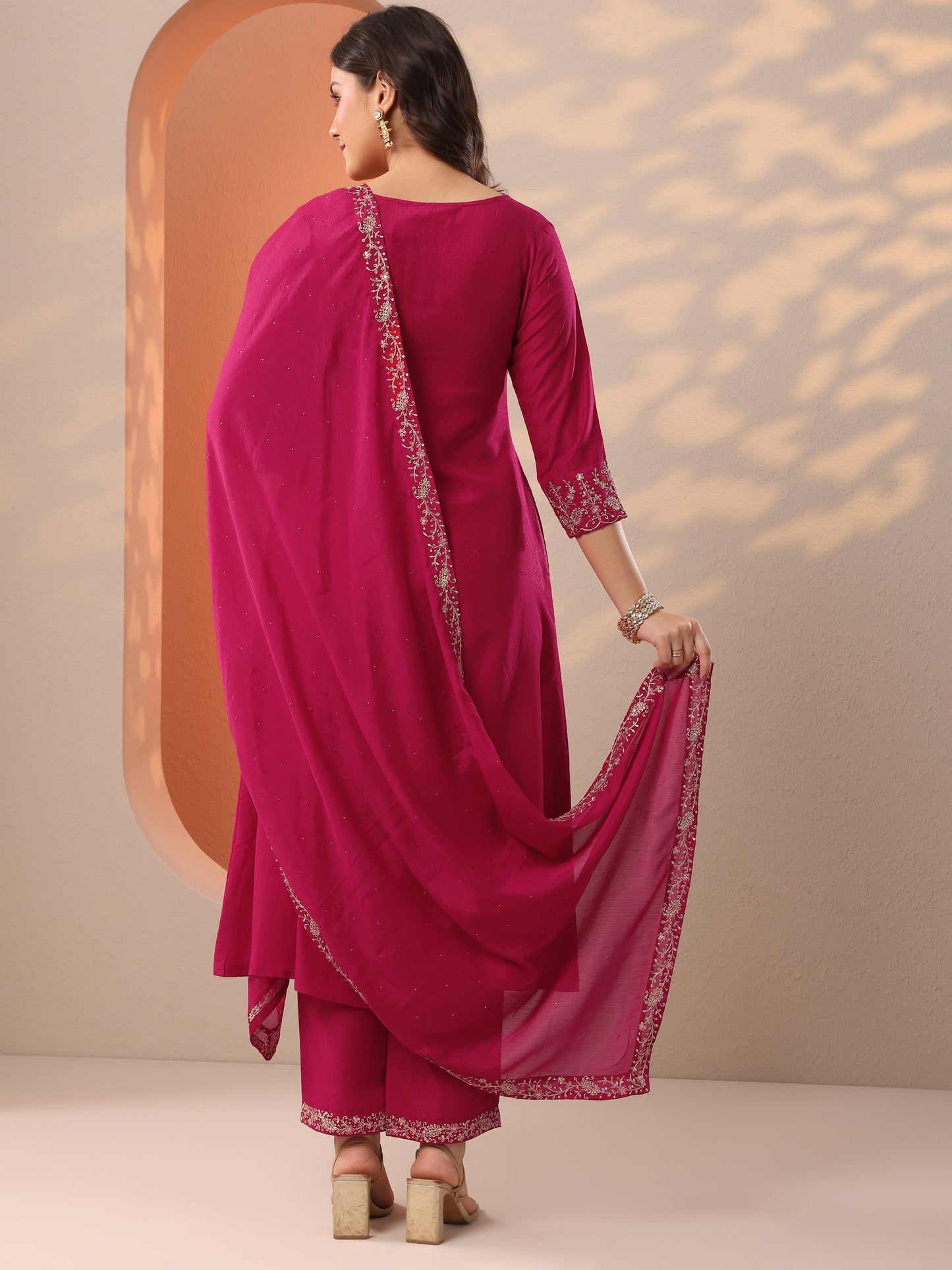Pink Embroidered Silk Blend A-Line Suit Set With Dupatta