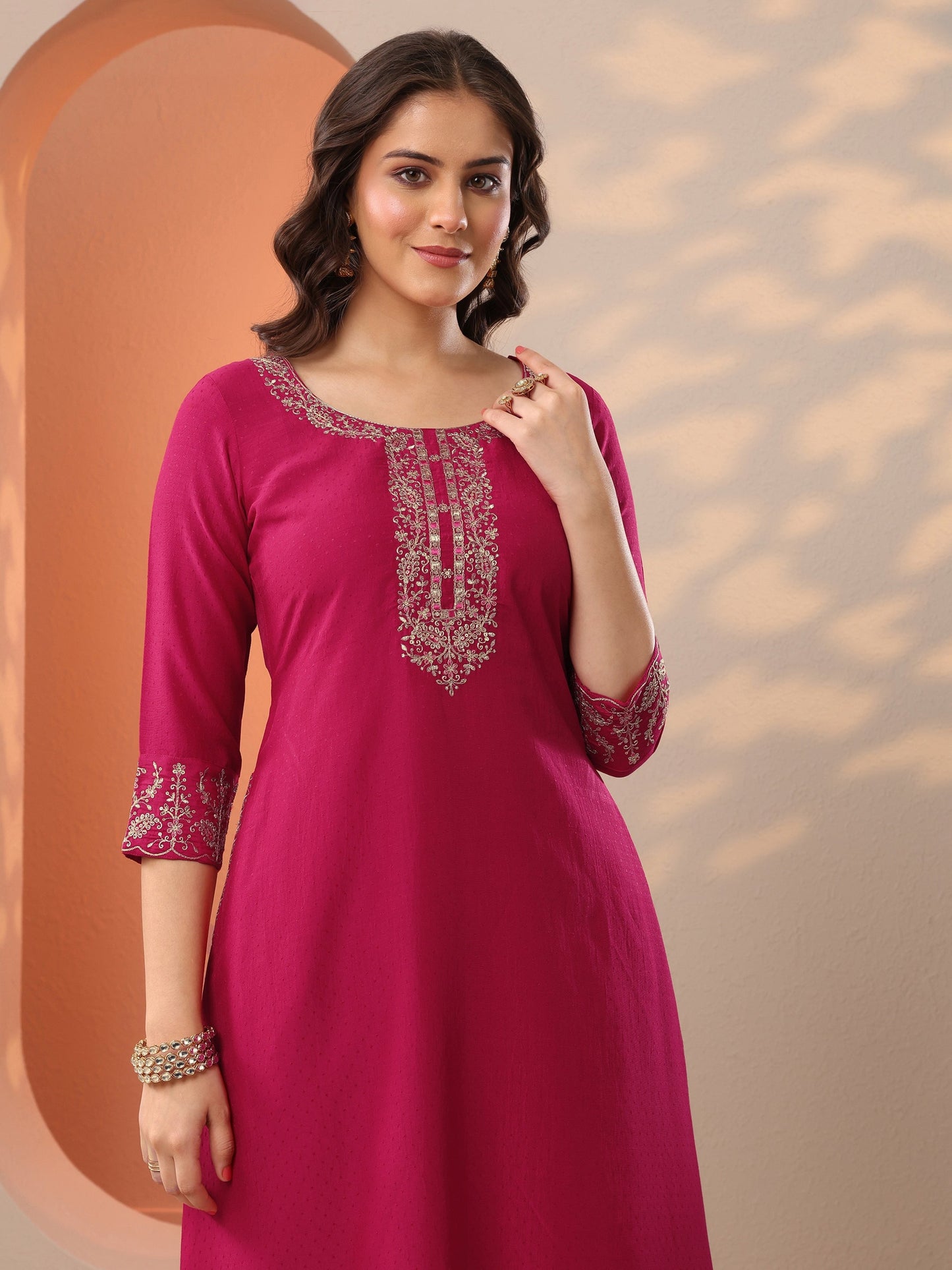 Pink Embroidered Silk Blend A-Line Suit Set With Dupatta
