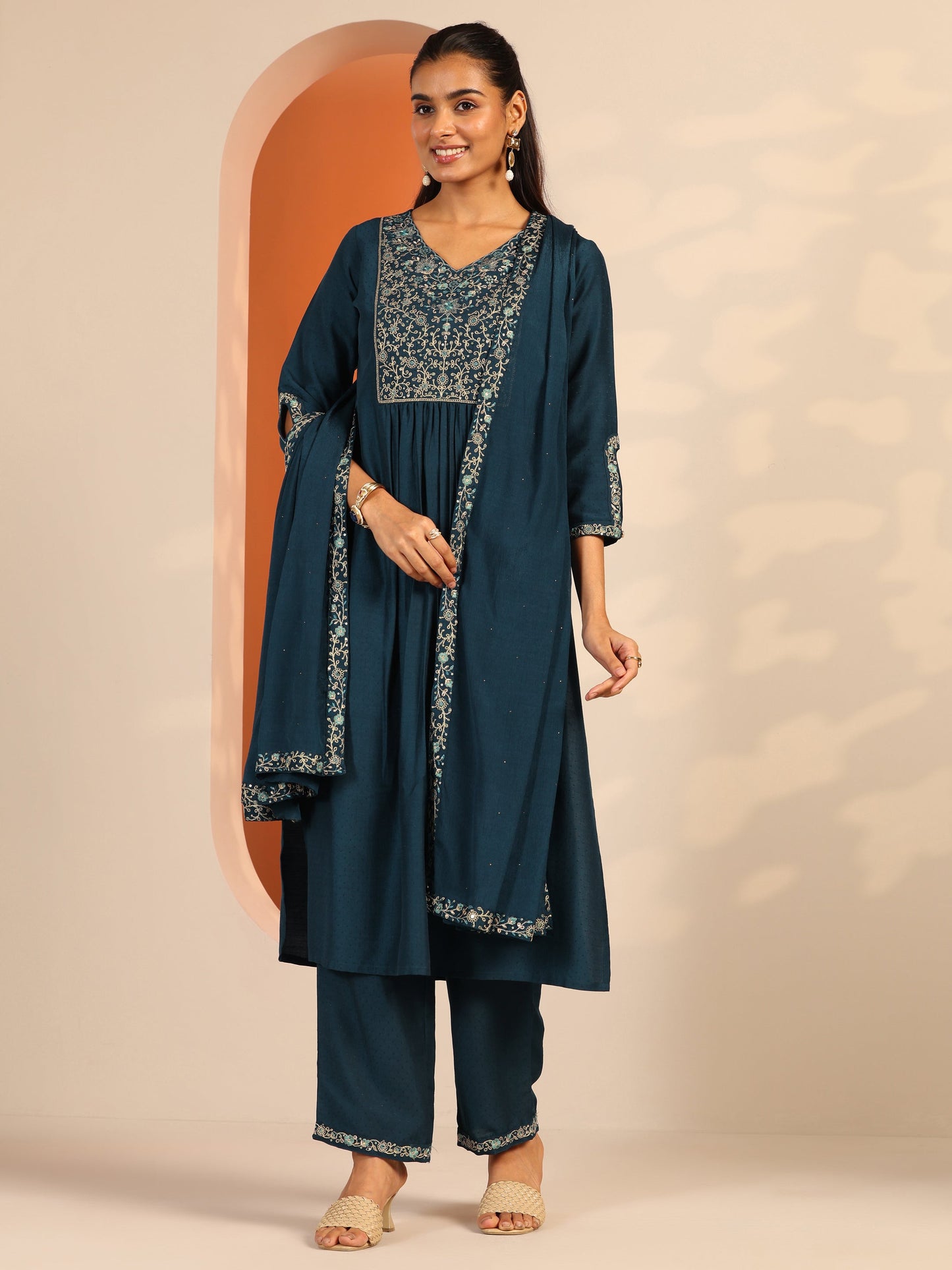 Teal Embroidered Silk Blend Straight Suit Set With Dupatta