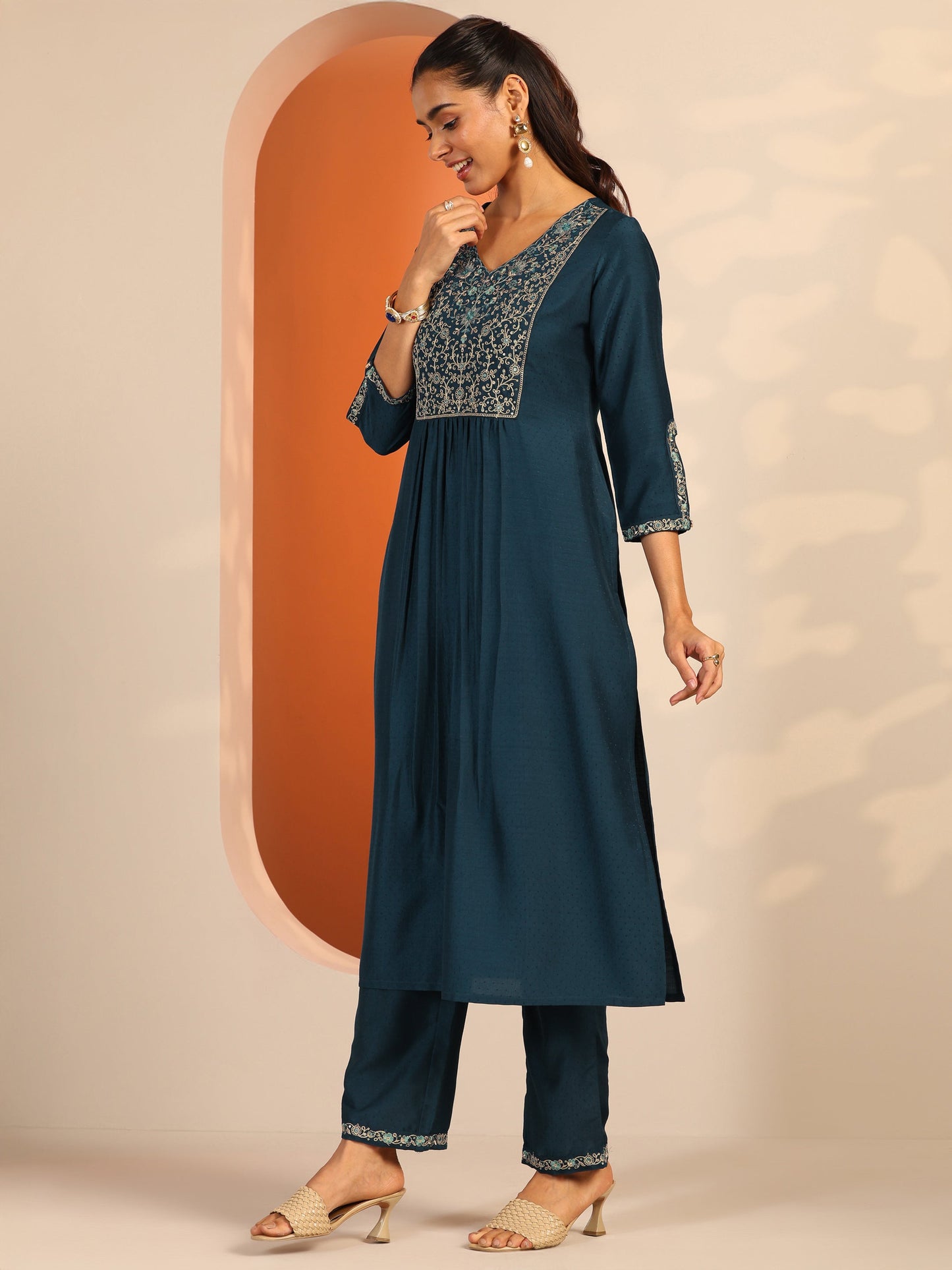 Teal Embroidered Silk Blend Straight Suit Set With Dupatta