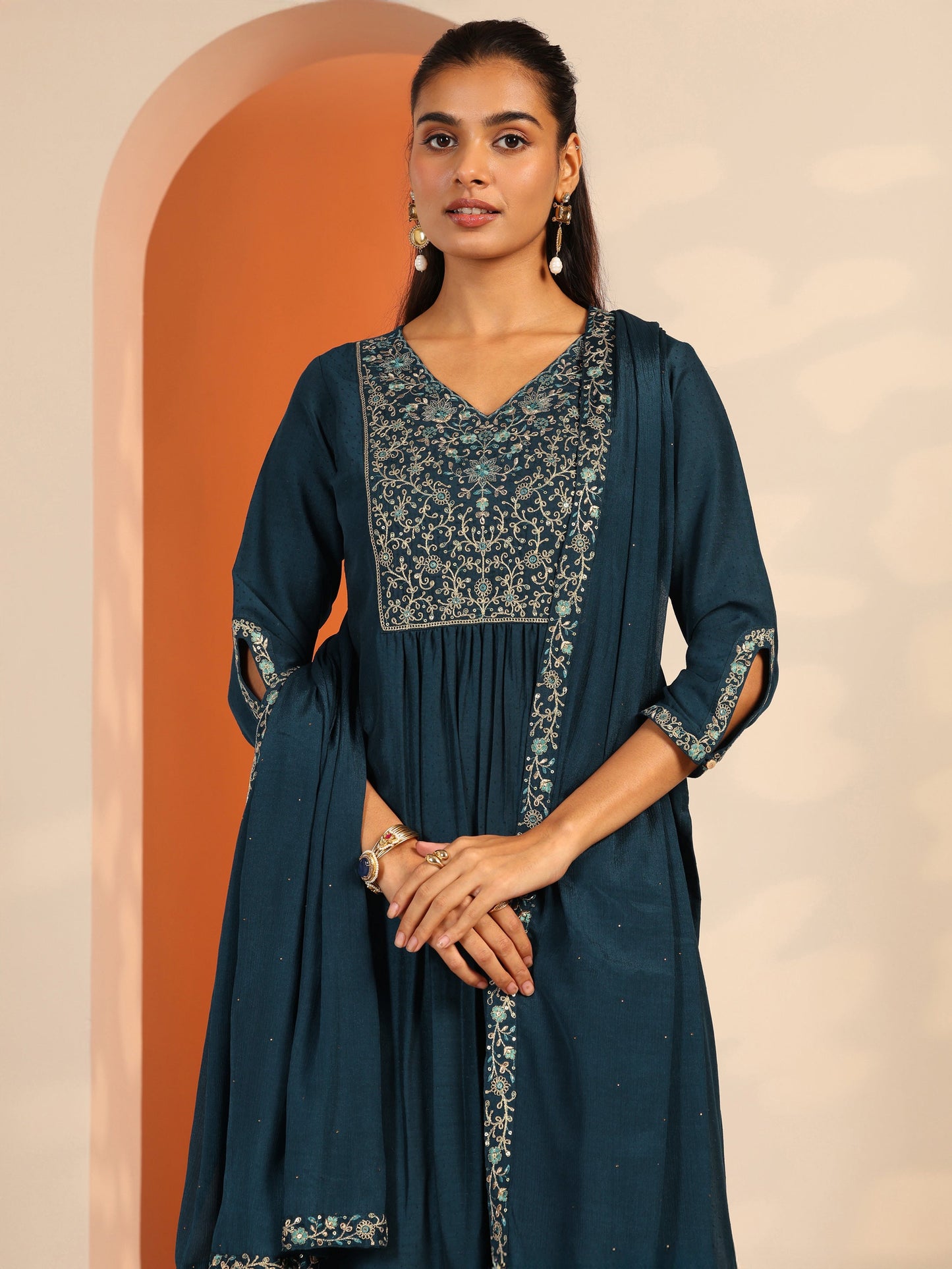 Teal Embroidered Silk Blend Straight Suit Set With Dupatta