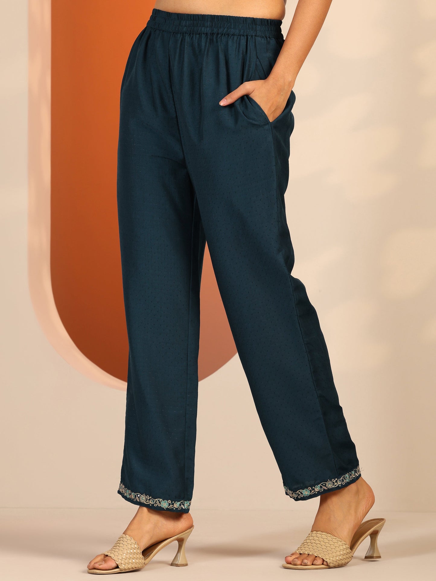 Teal Embroidered Silk Blend Straight Suit Set With Dupatta