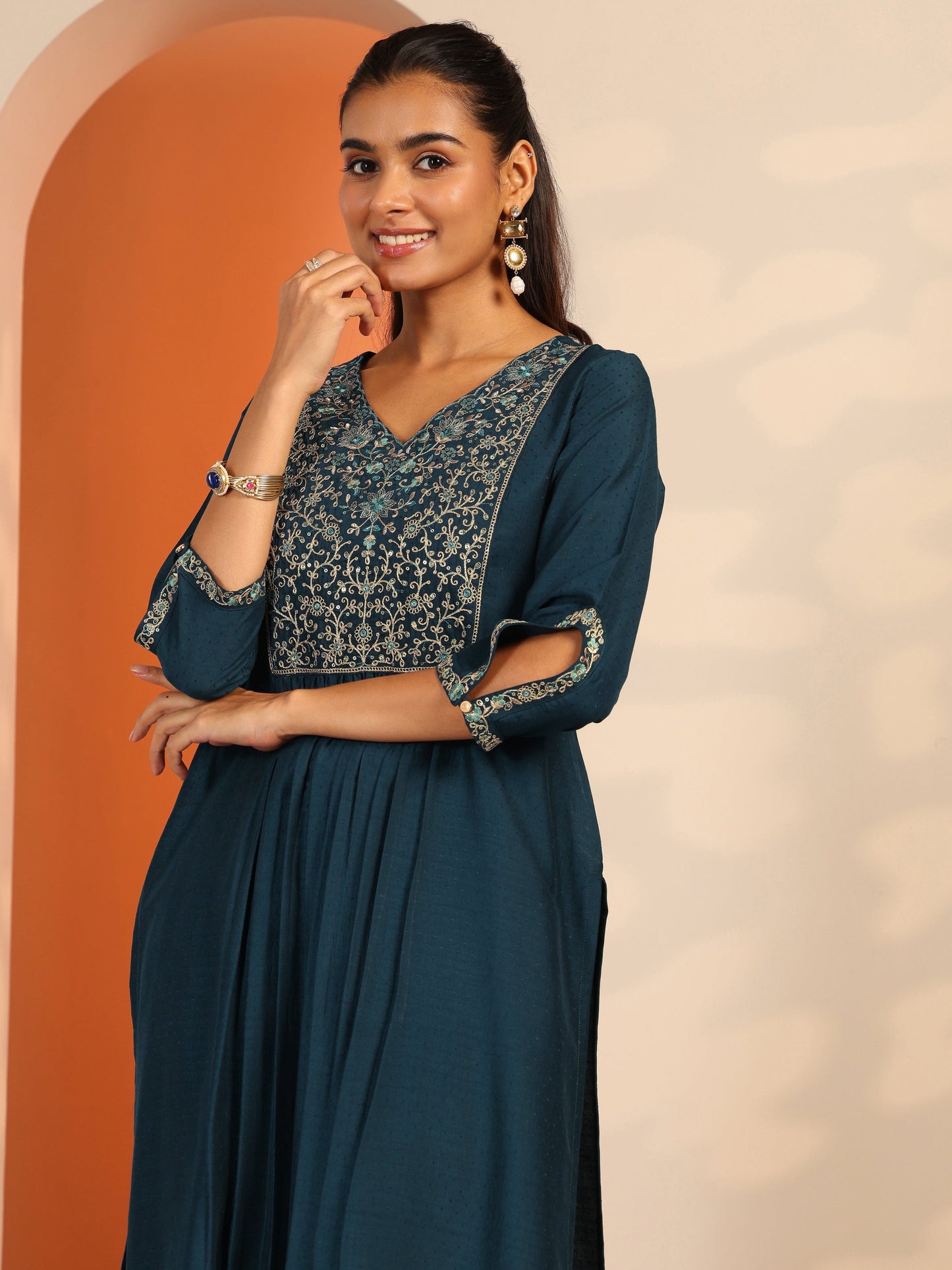 Teal Embroidered Silk Blend Straight Suit Set With Dupatta