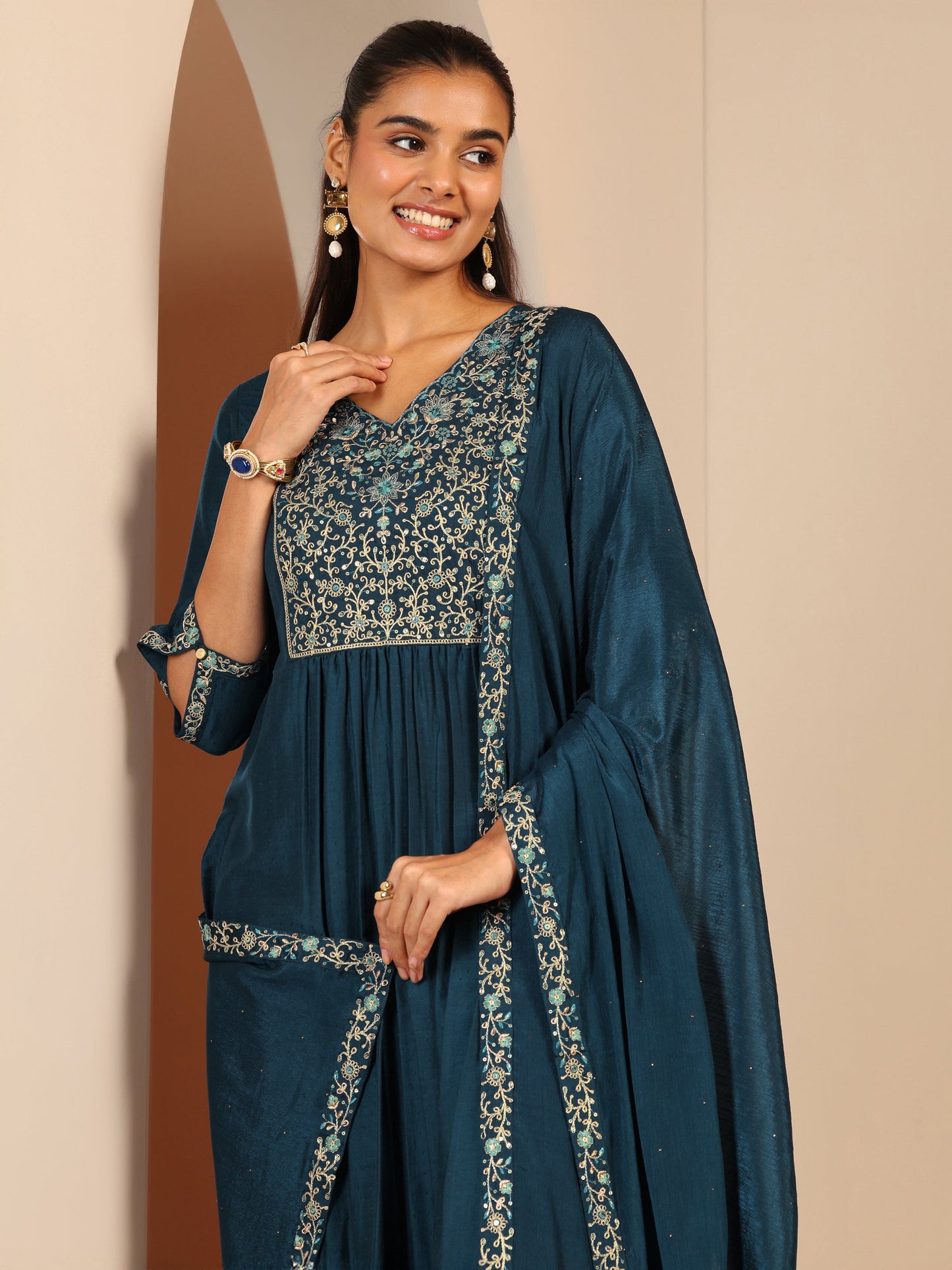 Teal Embroidered Silk Blend Straight Suit Set With Dupatta