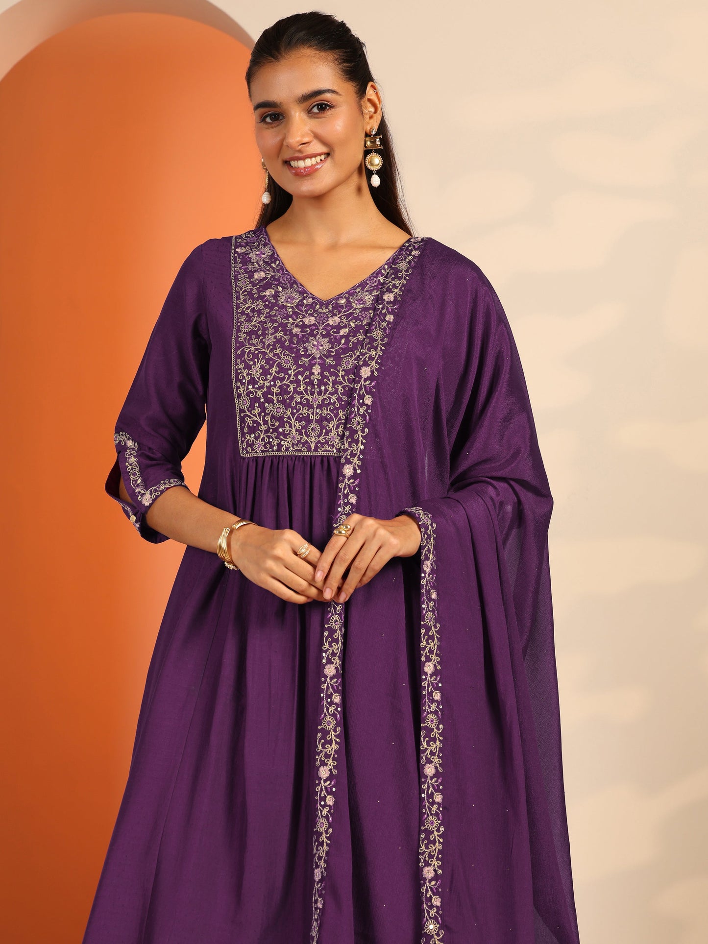 Burgundy Embroidered Silk Blend Anarkali Suit Set With Dupatta