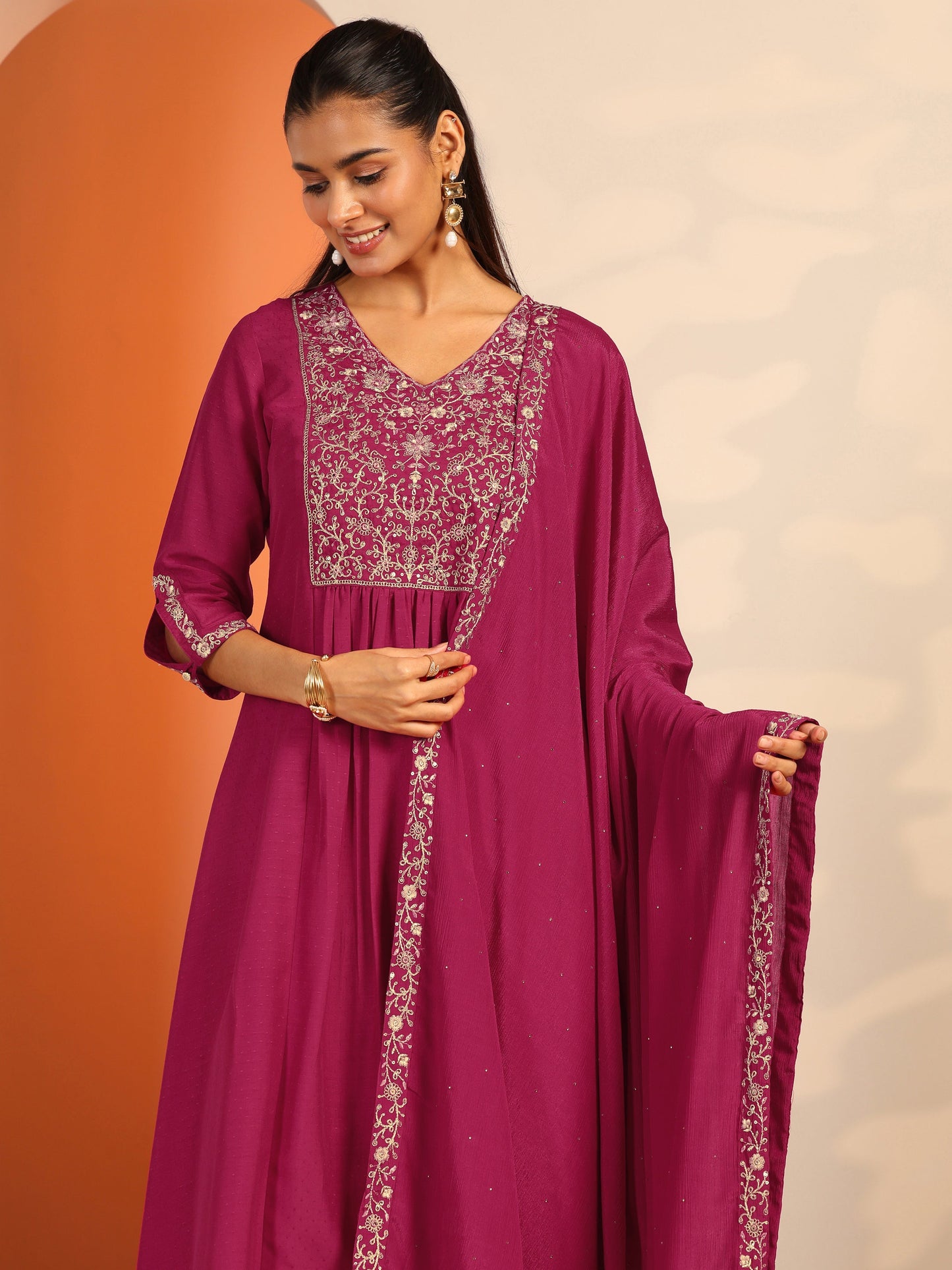 Pink Embroidered Silk Blend A-Line Suit Set With Dupatta