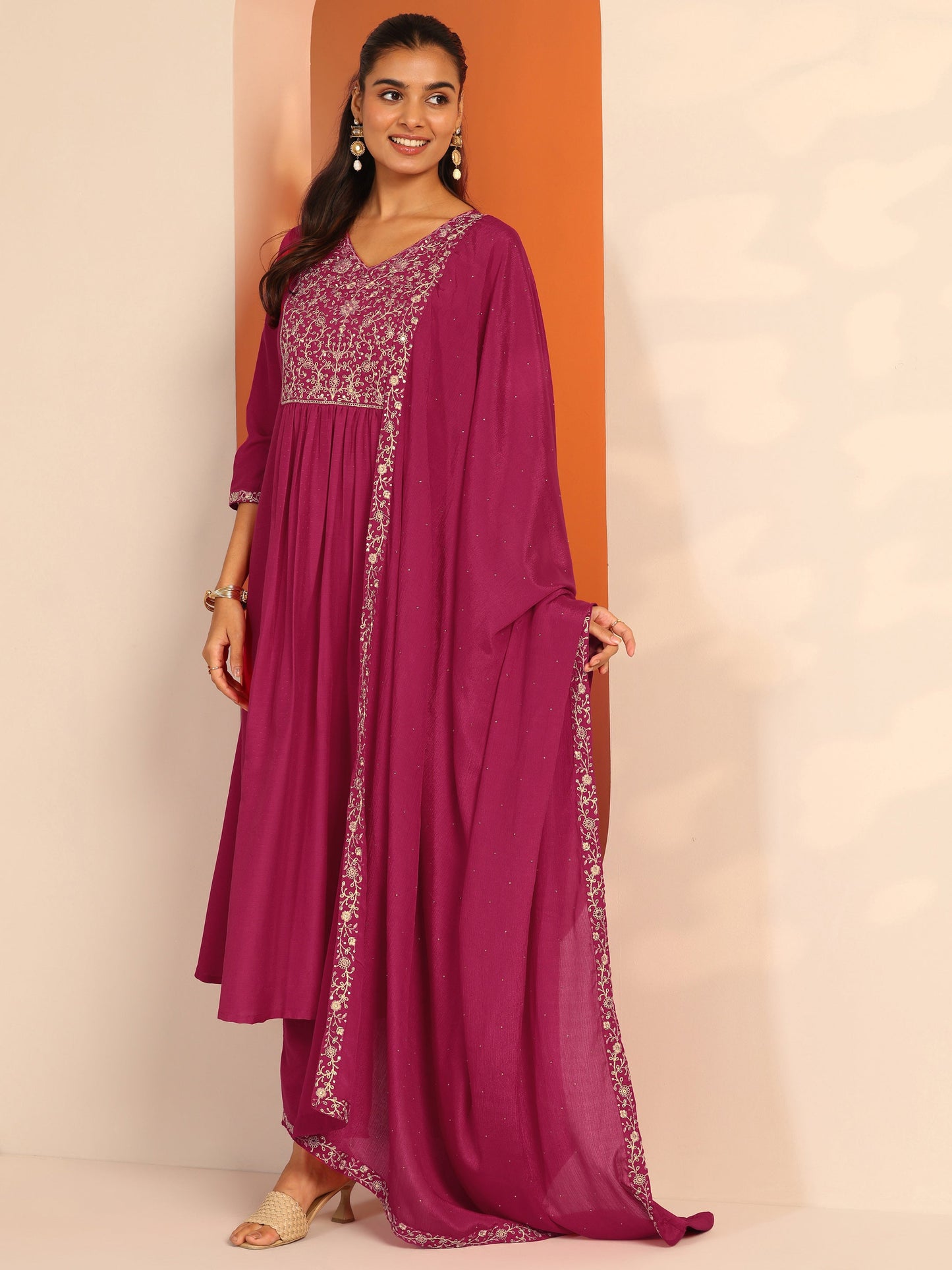Pink Embroidered Silk Blend A-Line Suit Set With Dupatta