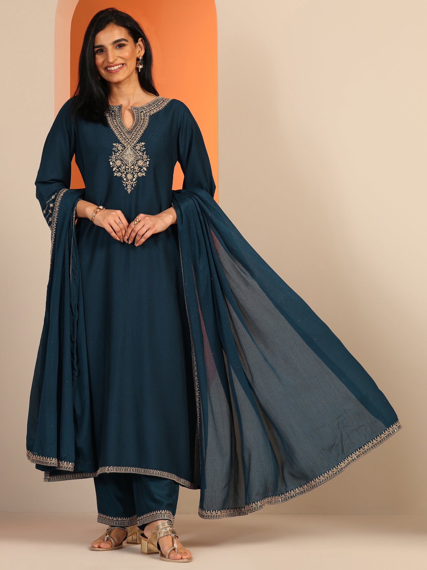 Teal Embroidered Silk Blend Straight Suit Set With Dupatta