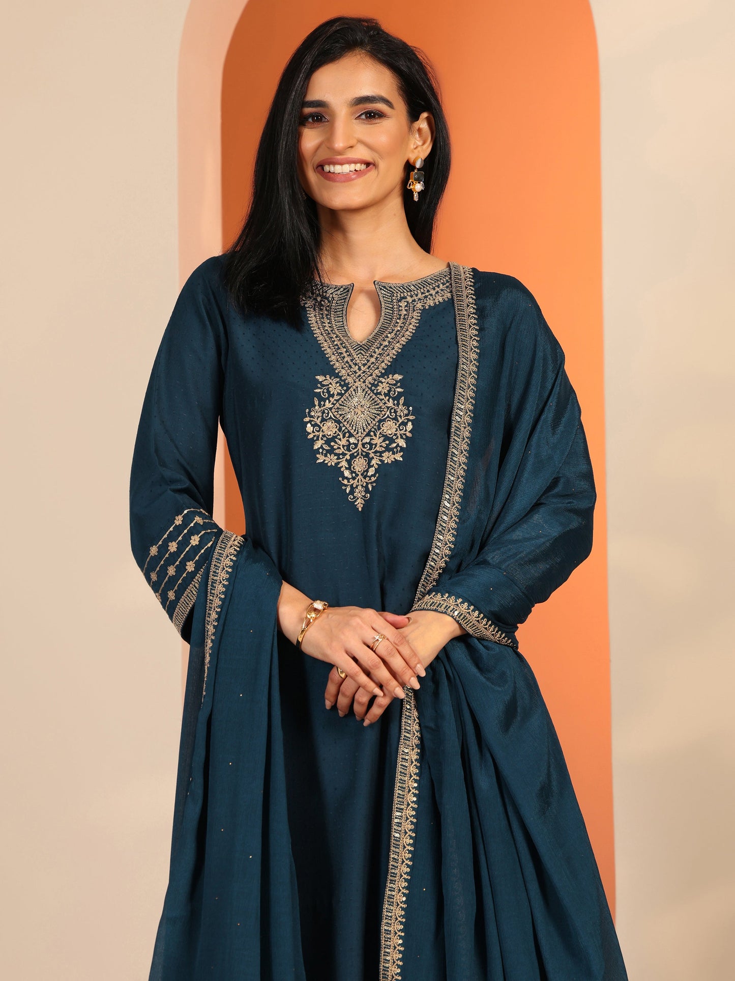 Teal Embroidered Silk Blend Straight Suit Set With Dupatta