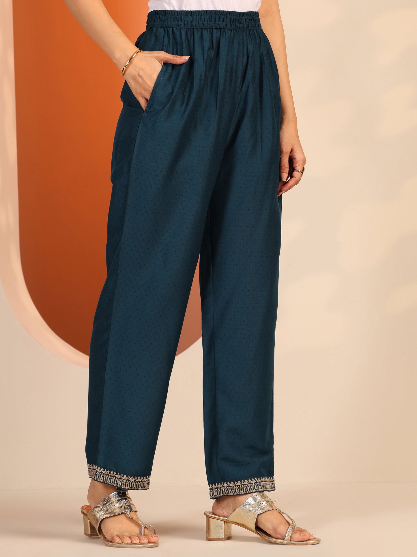 Teal Embroidered Silk Blend Straight Suit Set With Dupatta