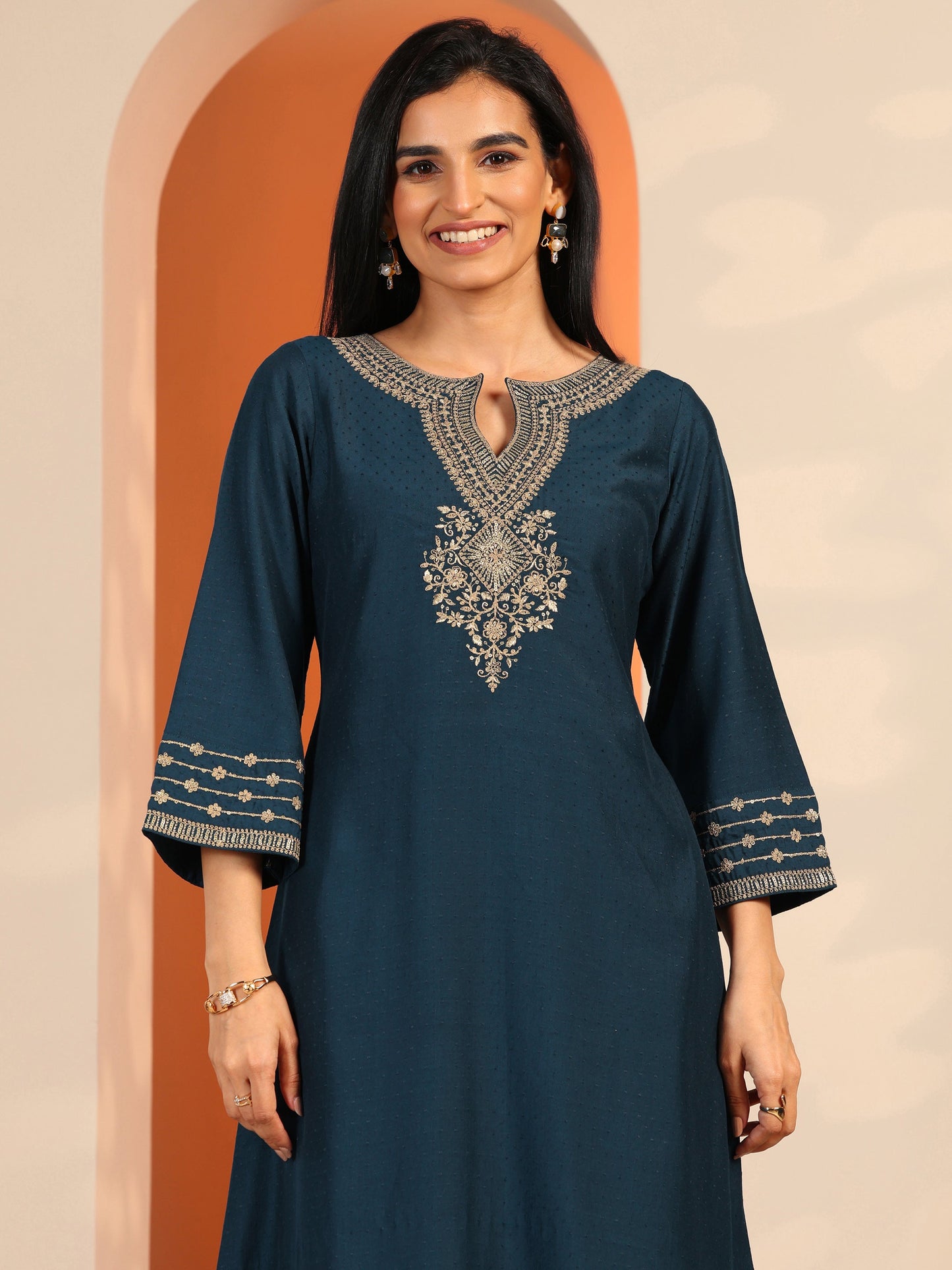 Teal Embroidered Silk Blend Straight Suit Set With Dupatta