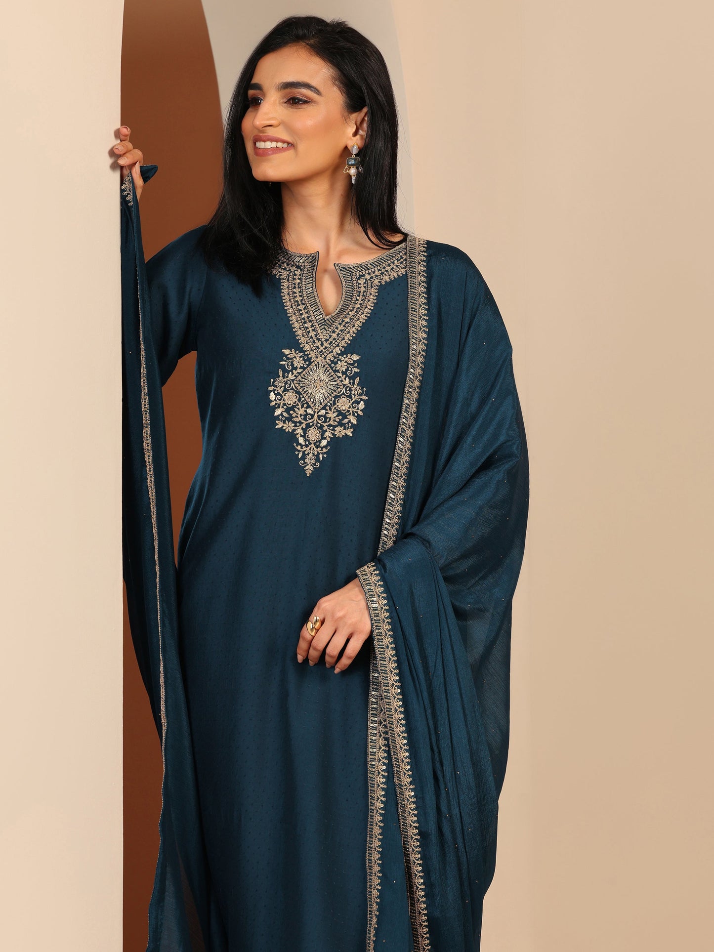 Teal Embroidered Silk Blend Straight Suit Set With Dupatta