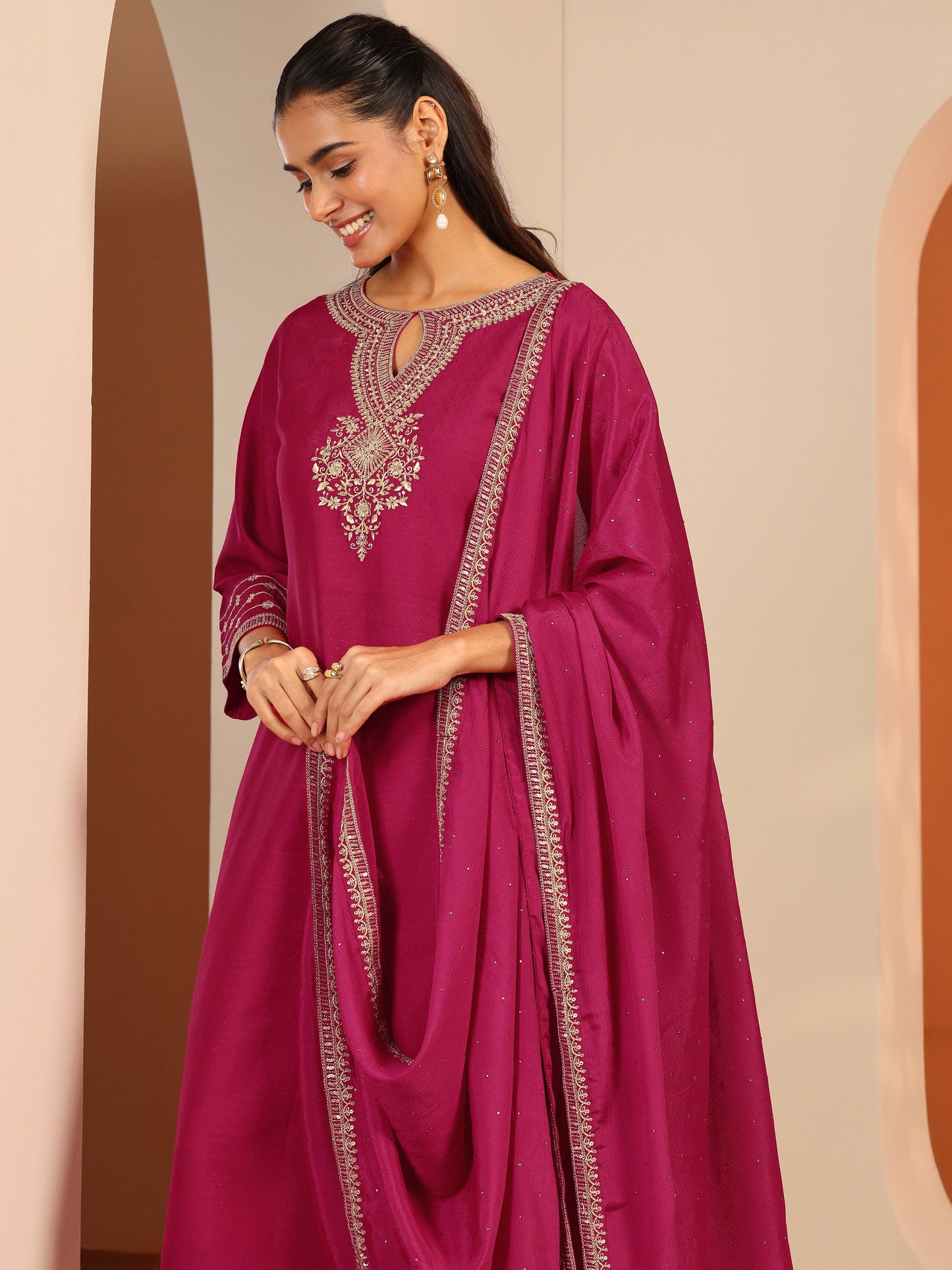 Pink Embroidered Silk Blend Straight Suit Set With Dupatta